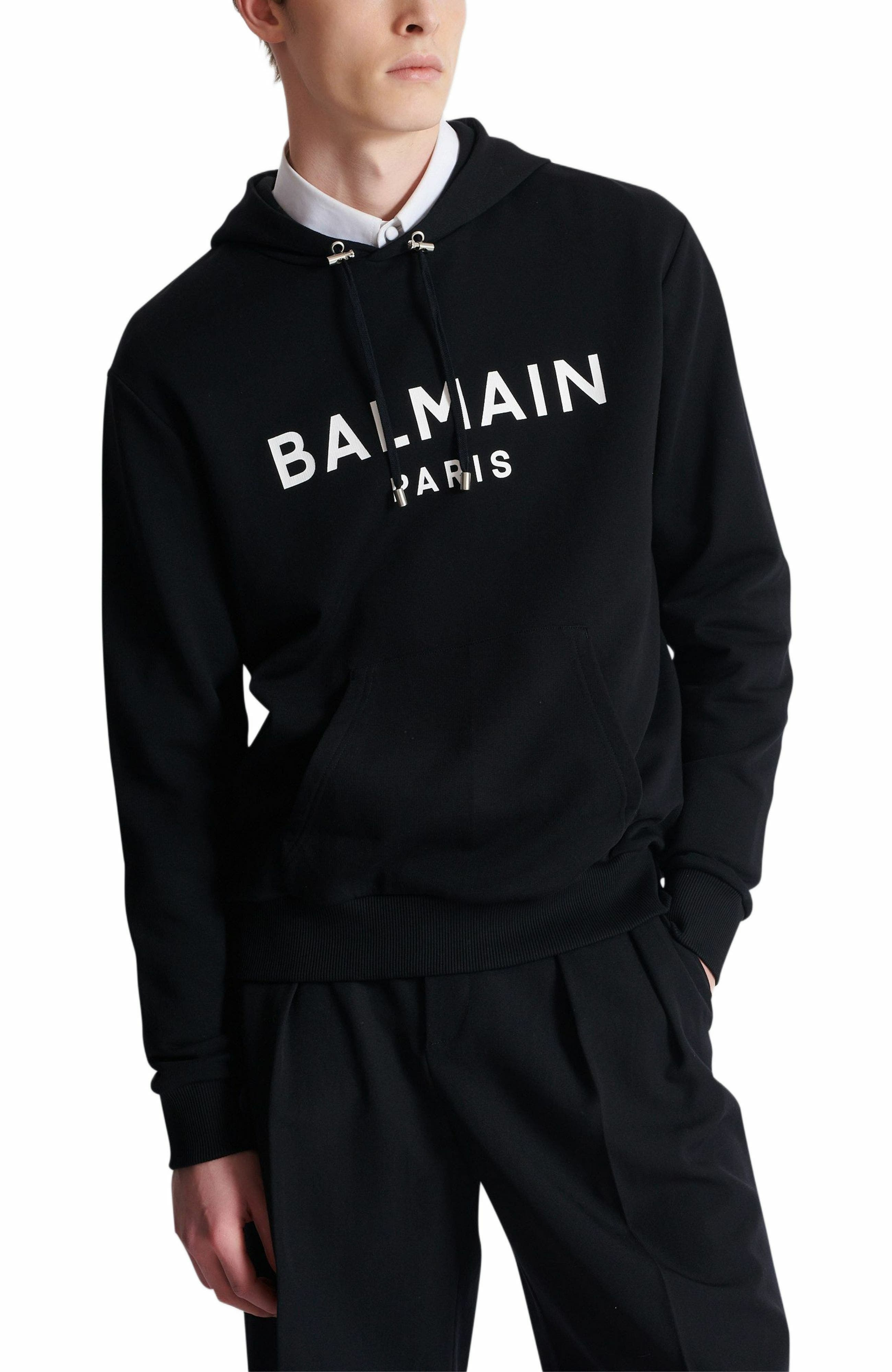 Balmain Logo Organic Cotton Graphic Hoodie in Black/White at Nordstrom - 4