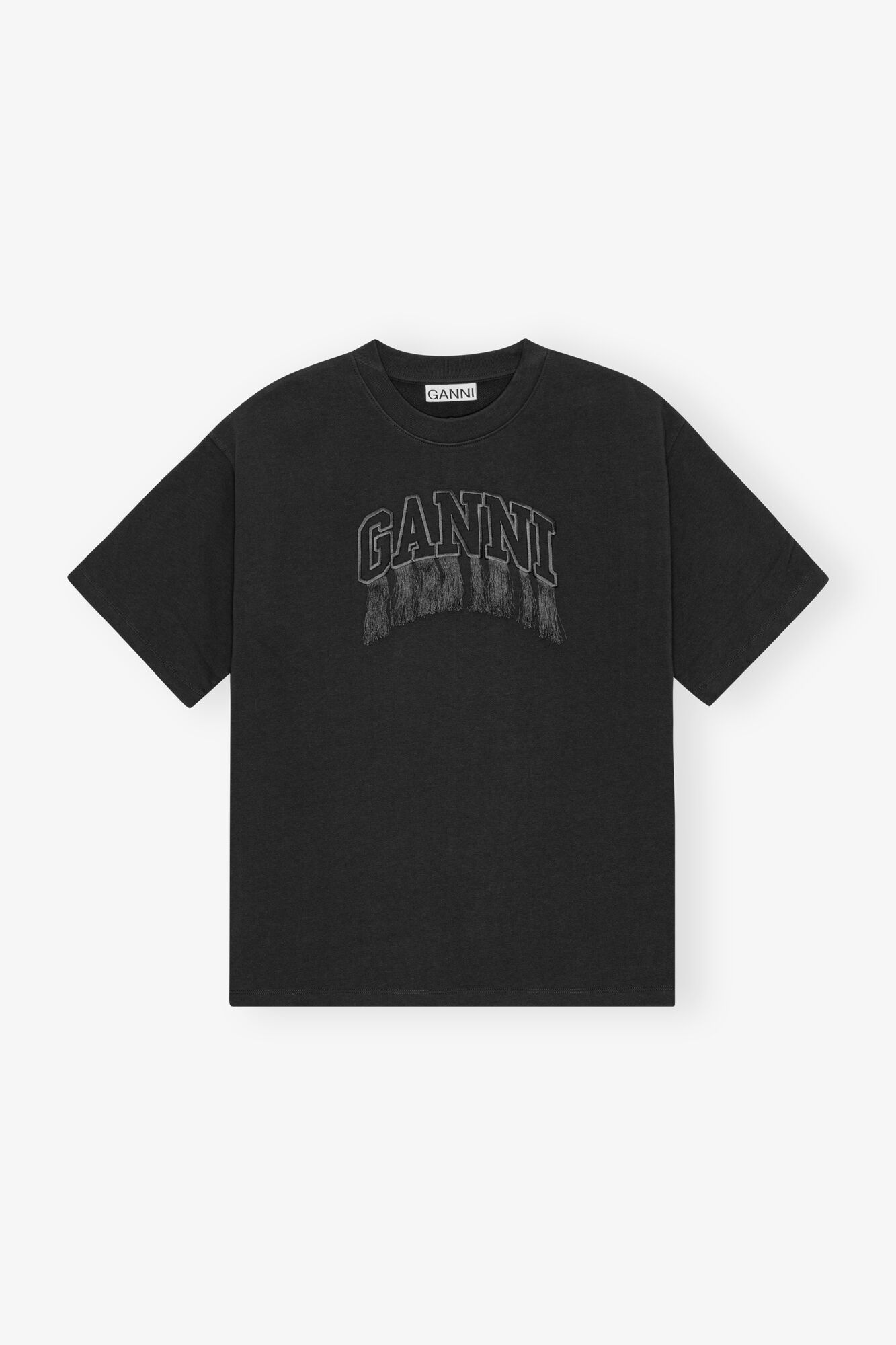 BLACK HEAVY COTTON DROP SHOULDER FRINGE T-SHIRT - 1