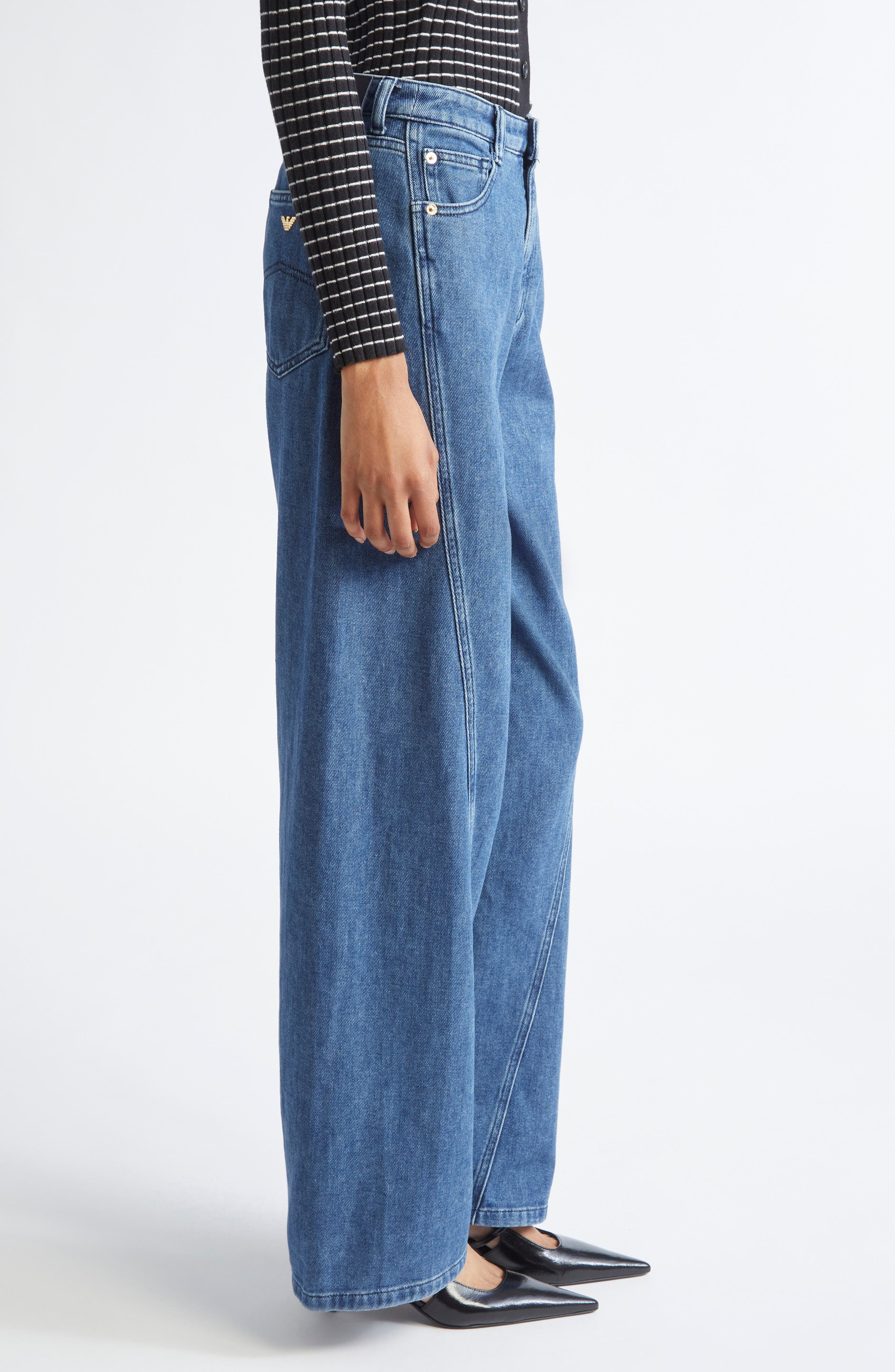 Emporio Armani Twist Seam High Waist Barrel Leg Jeans in Solid Medium Blue at Nordstrom - 4