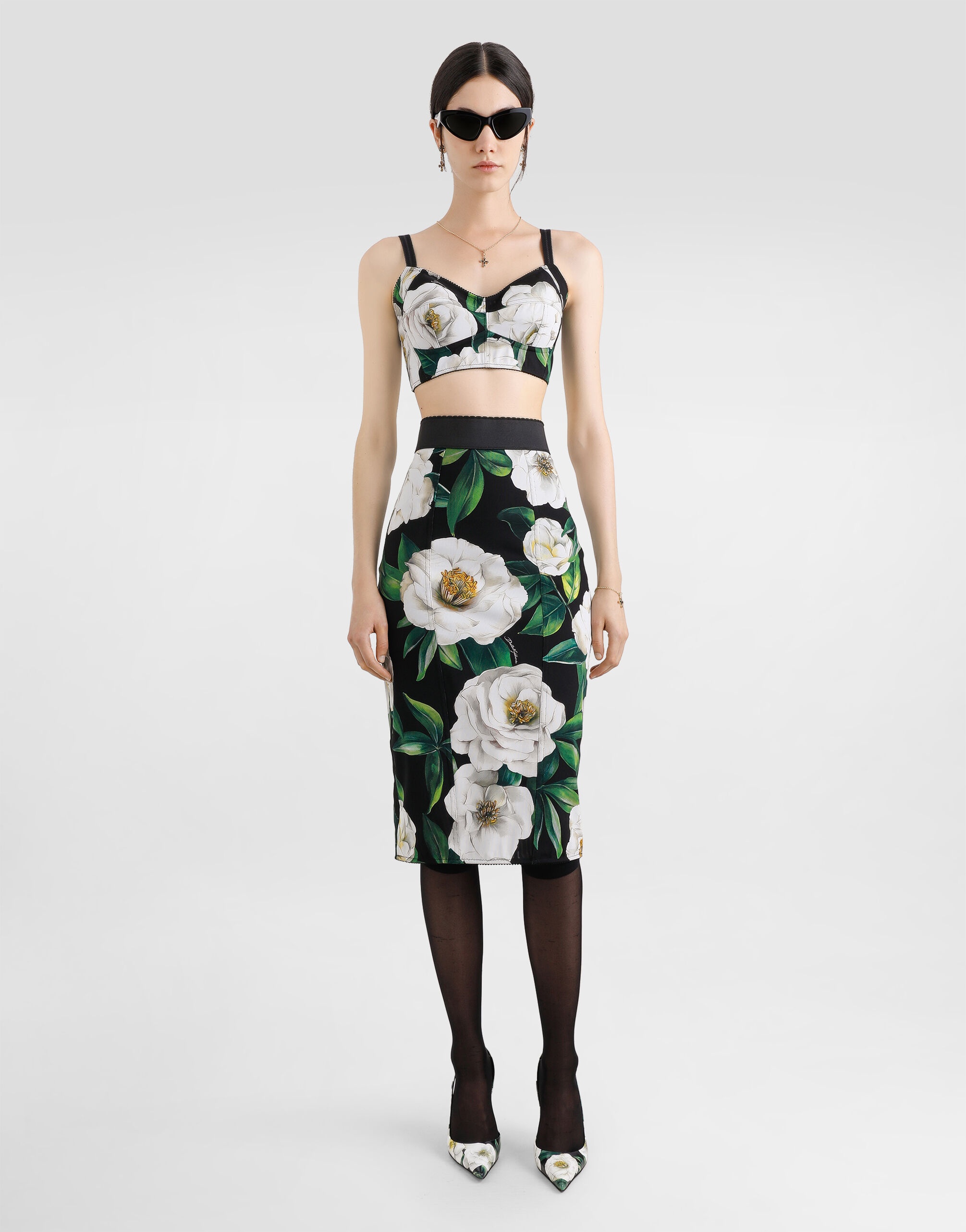 Calf-length stretch pencil skirt with gardenia print - 2