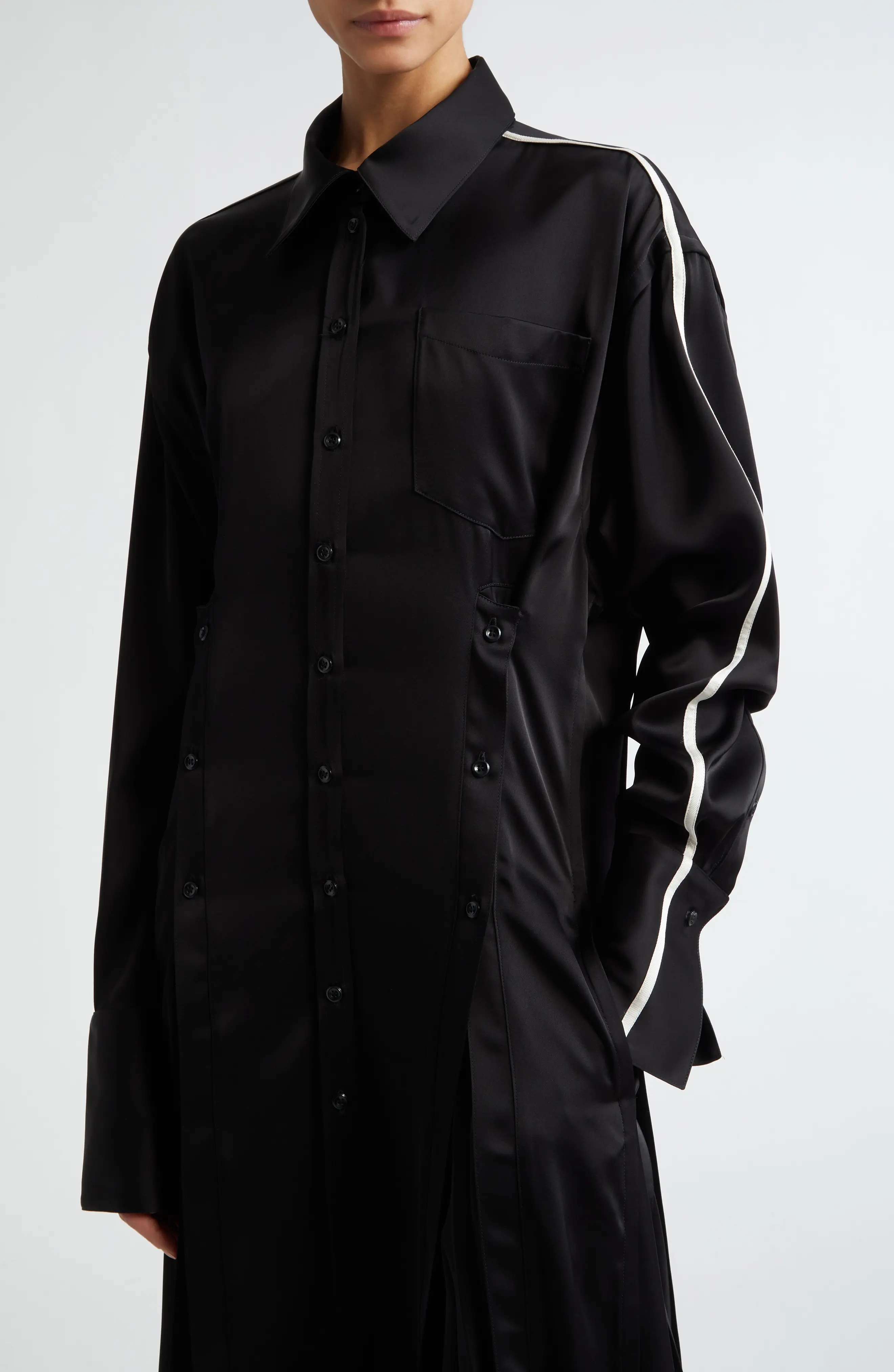 Pleated Long Sleeve Satin Shirtdress - 4