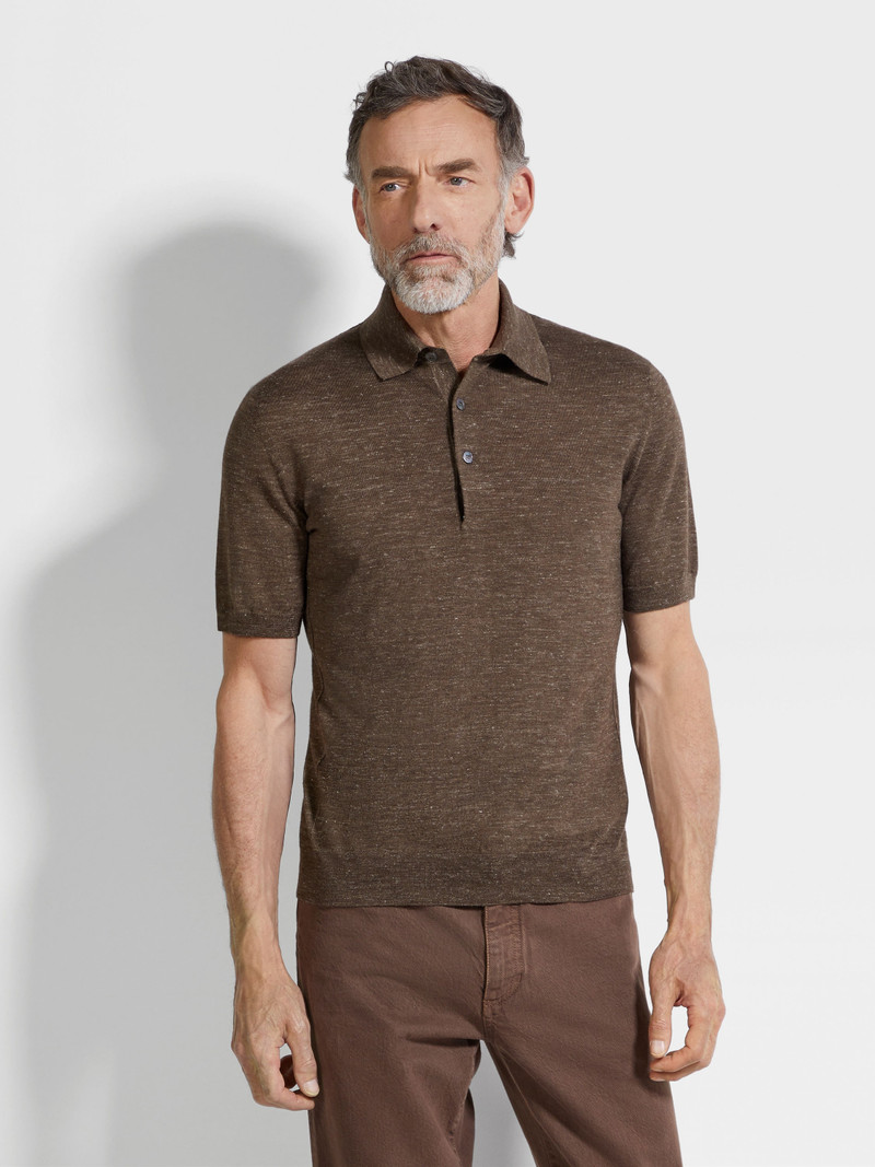 BROWN MÉLANGE SILK CASHMERE AND LINEN POLO SHIRT 4