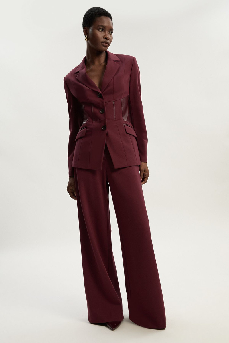 Ponte And Pu Mix Waist Seam Detail Tailored Single Breasted Blazer 3
