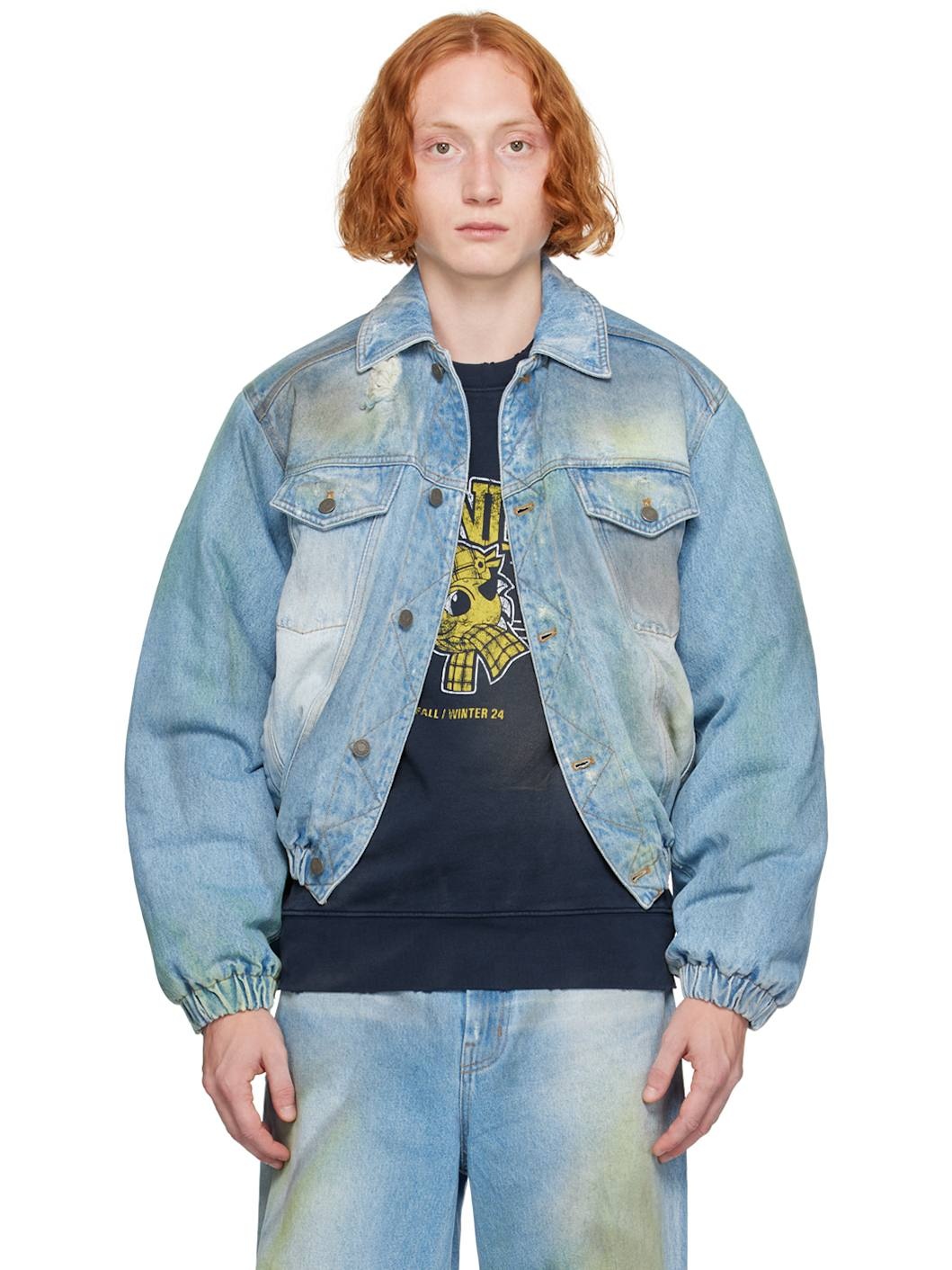 Blue Padded Denim Bomber Jacket - 1