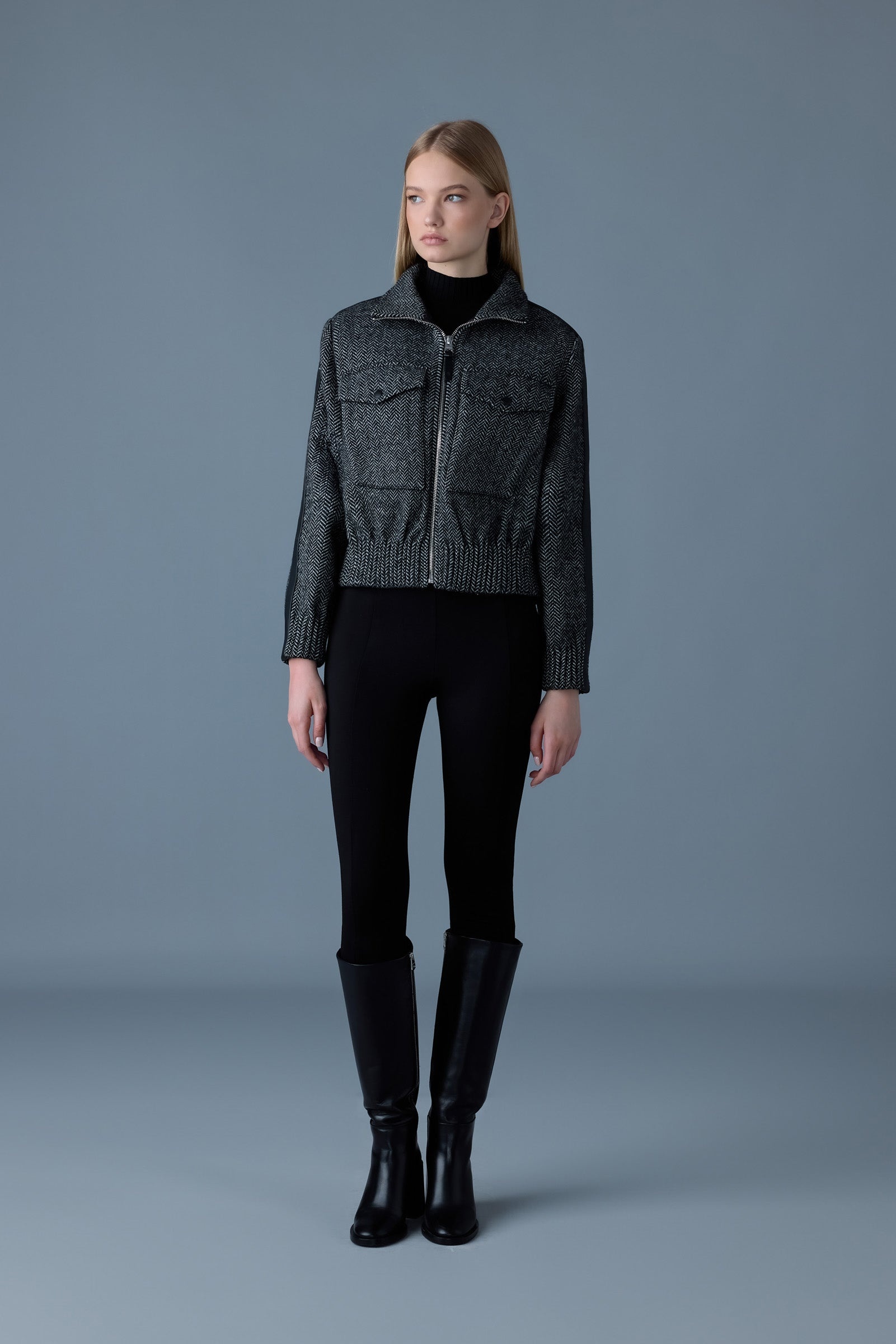 PATTY-HB Short herringbone wool jacket with leather detail - 2
