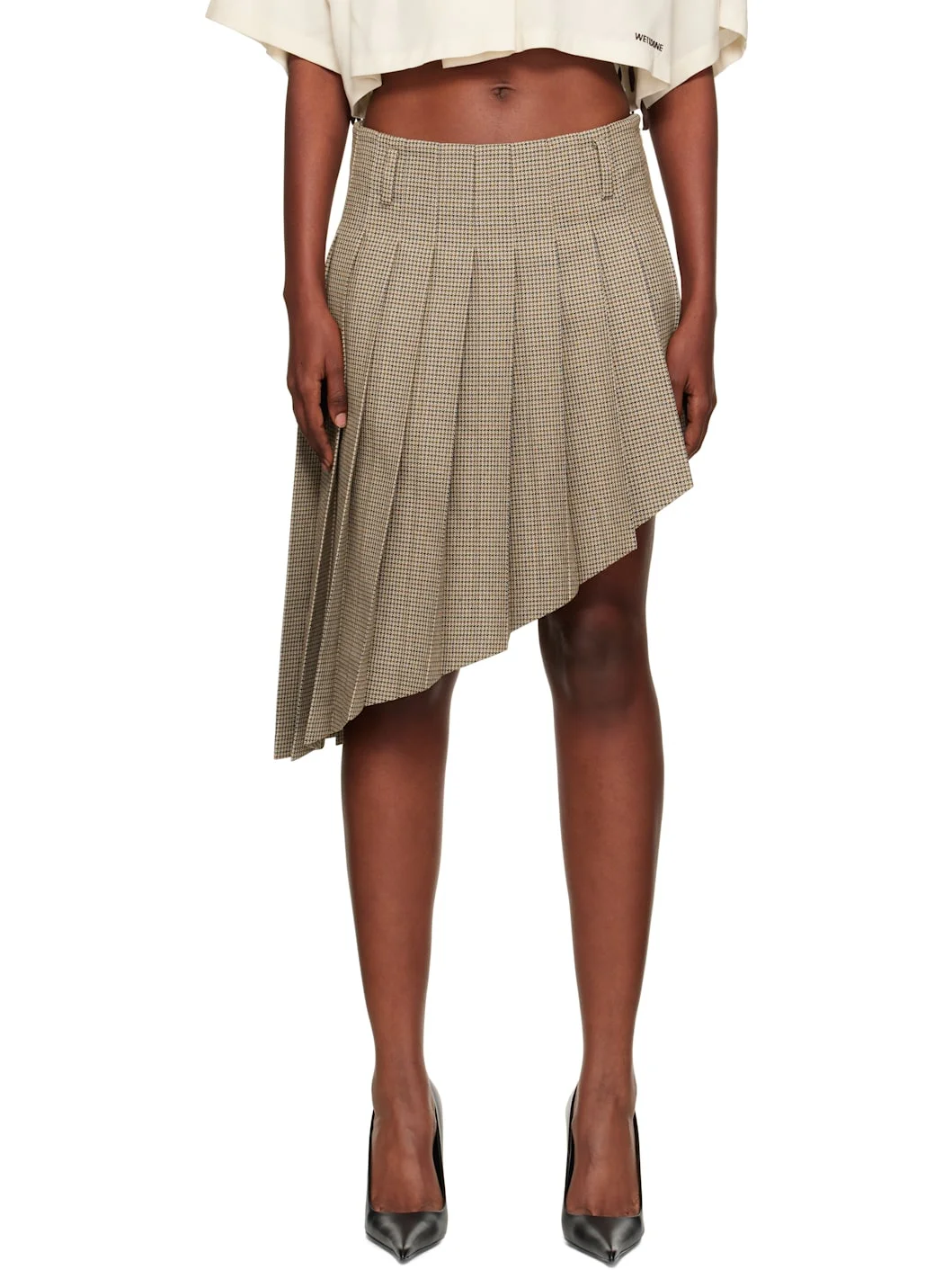 Beige Asymmetric Checked Midi Skirt - 1