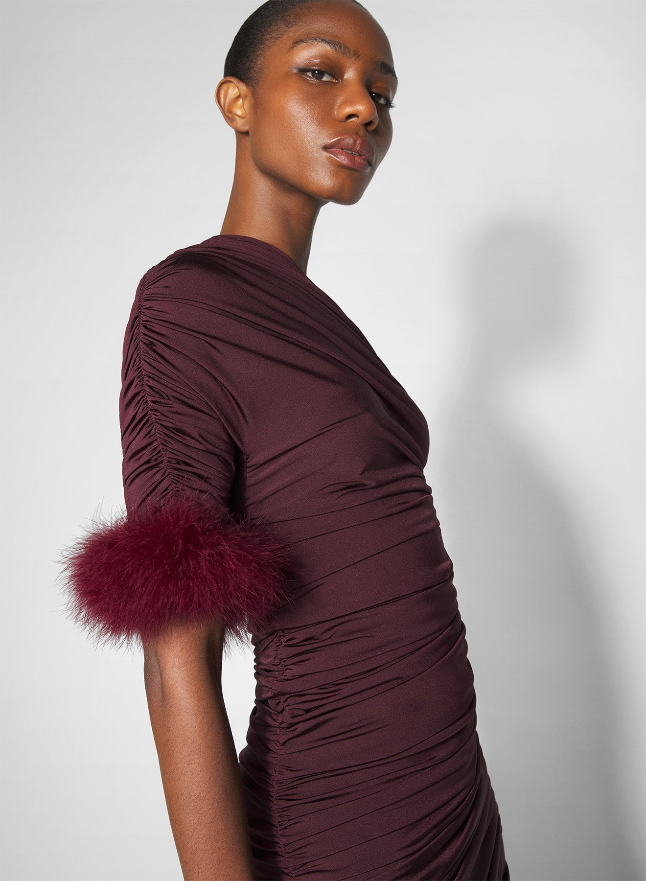 burgundy one-shoulder marabou dress - 3