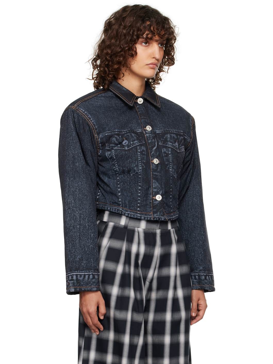 Black Denim Print Cropped Jacket - 2