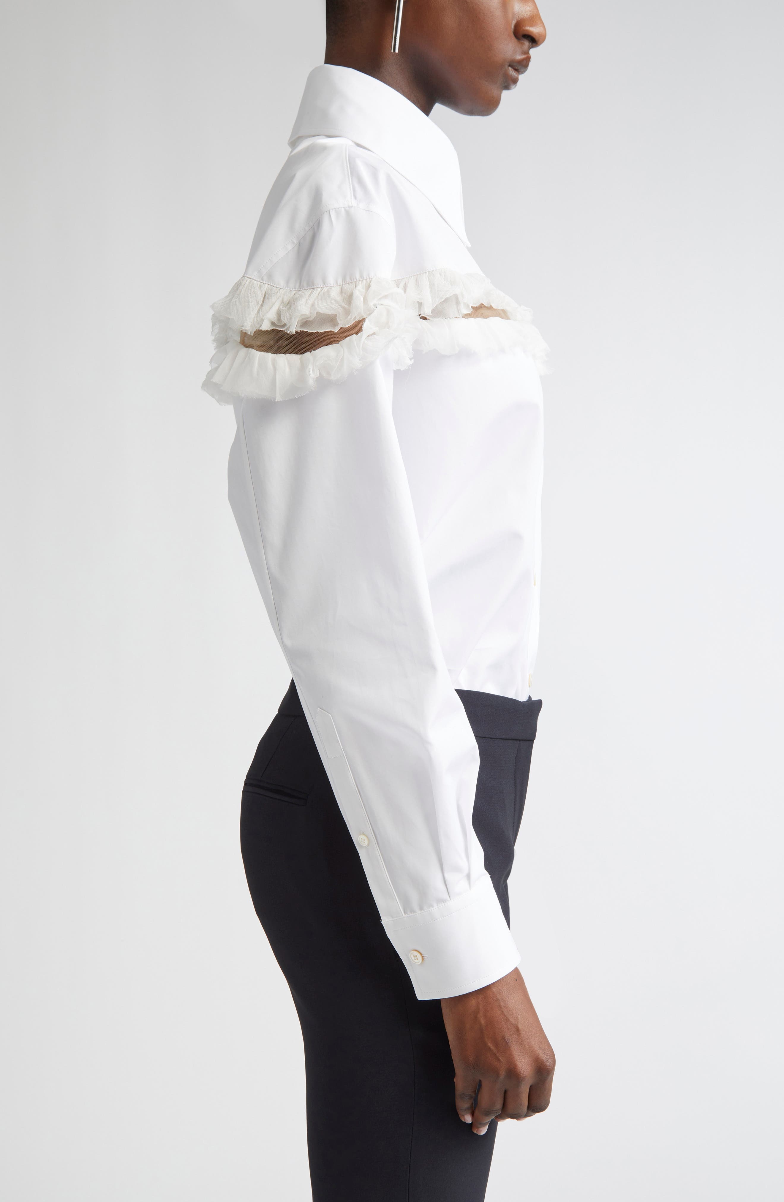 McQueen Ruffle Mesh Inset Cotton Button-Up Shirt in Optical White at Nordstrom - 3