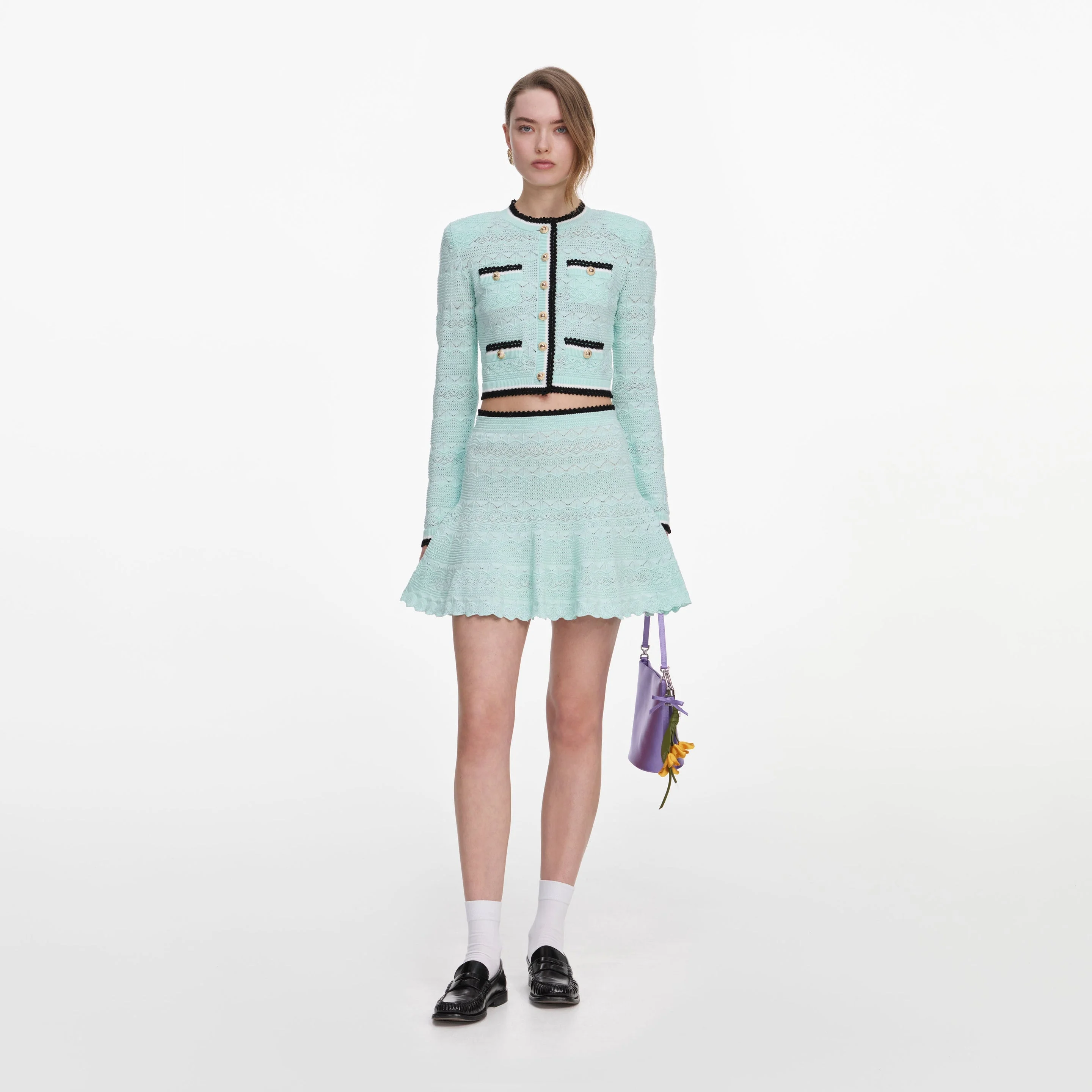 Mint Pointelle Knit Mini Skirt - 1