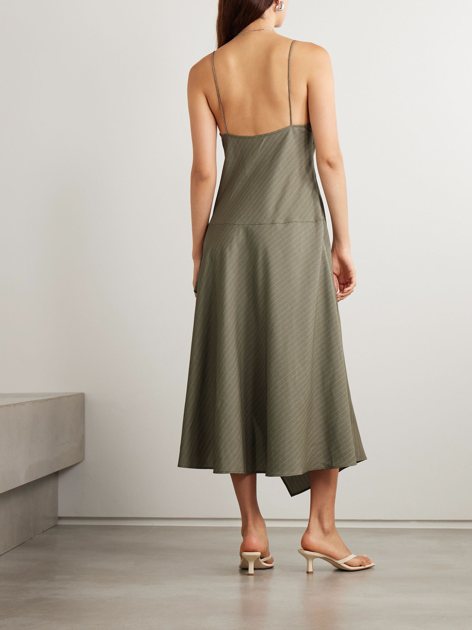 Paneled asymmetric pinstriped cotton-blend twill dress Gray green - 3