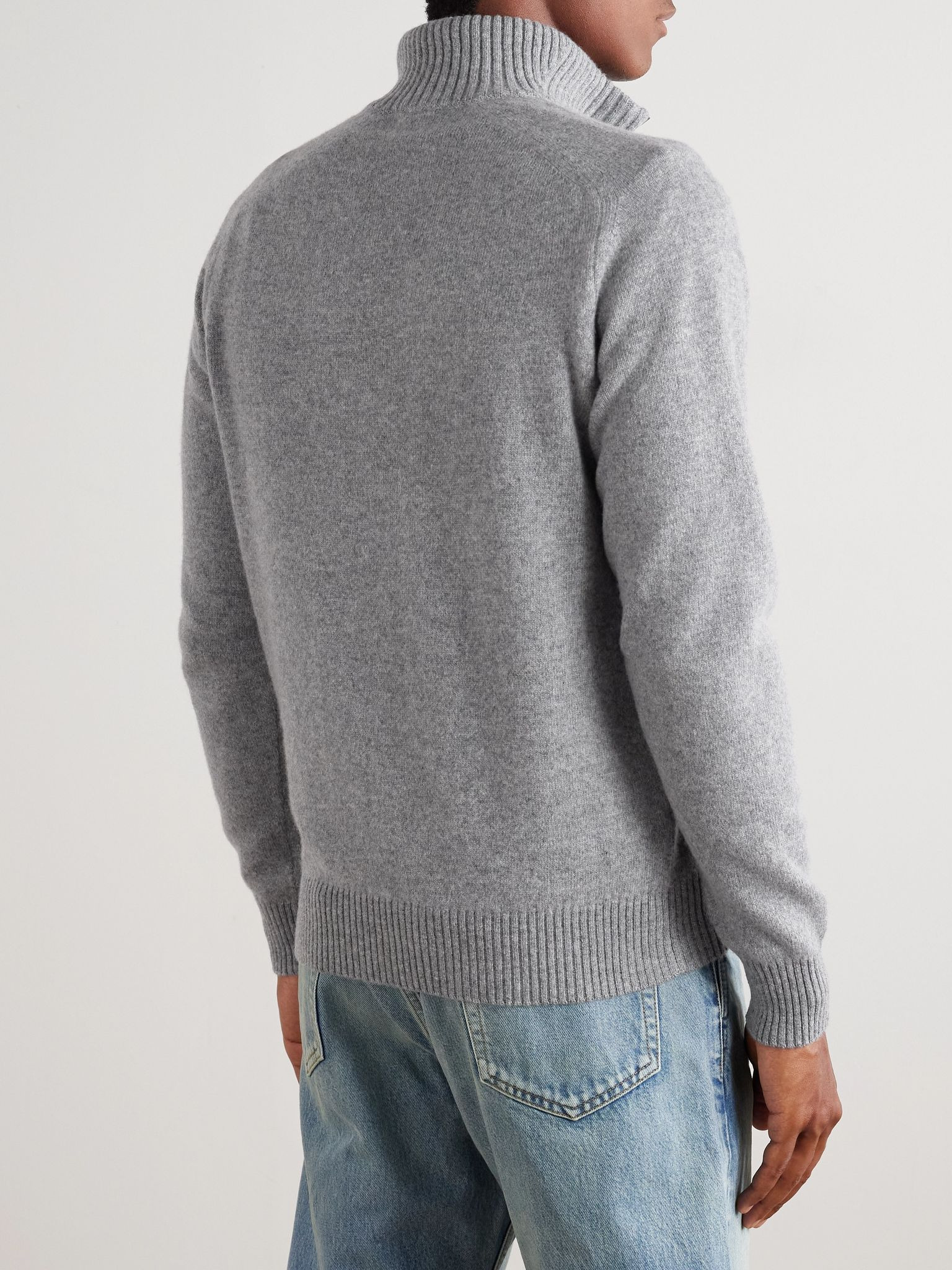 Leather-Trimmed Wool and Cashmere-Blend Half-Zip Rollneck Sweater Gray - 3
