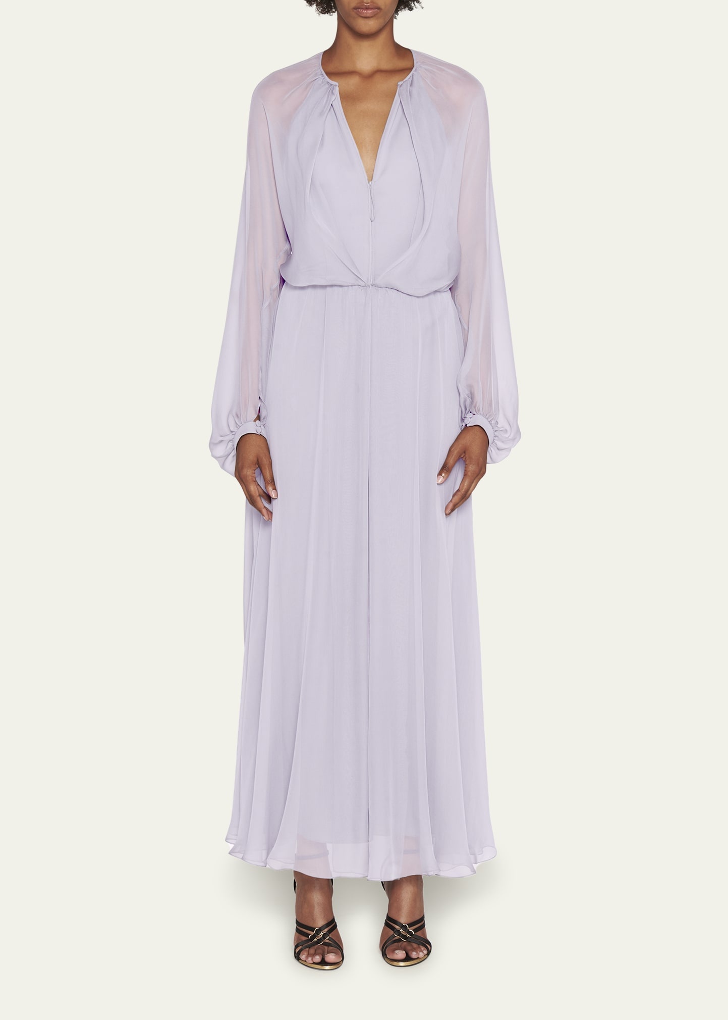 Zip-Front Long-Sleeve Silk Chiffon Layered Gown - 2