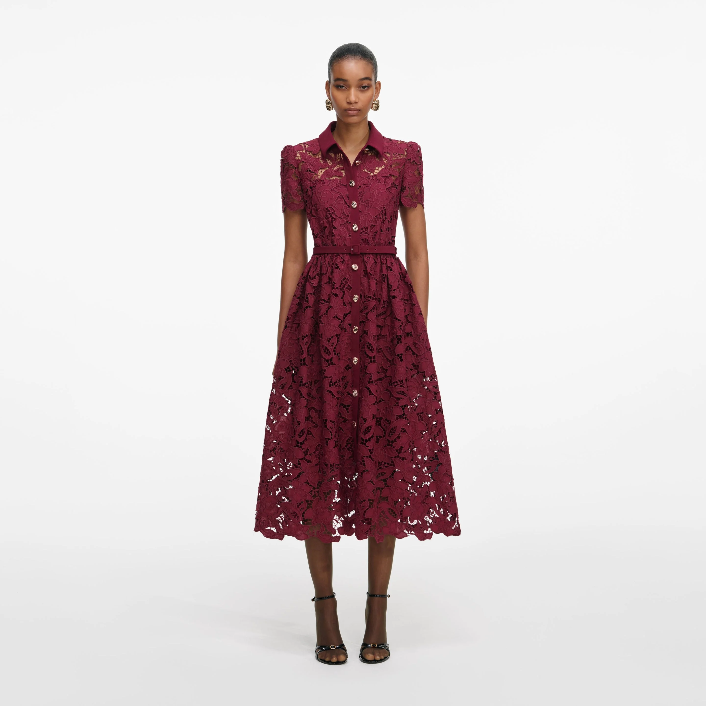 Burgundy Lace Collared Midi Dress - 1