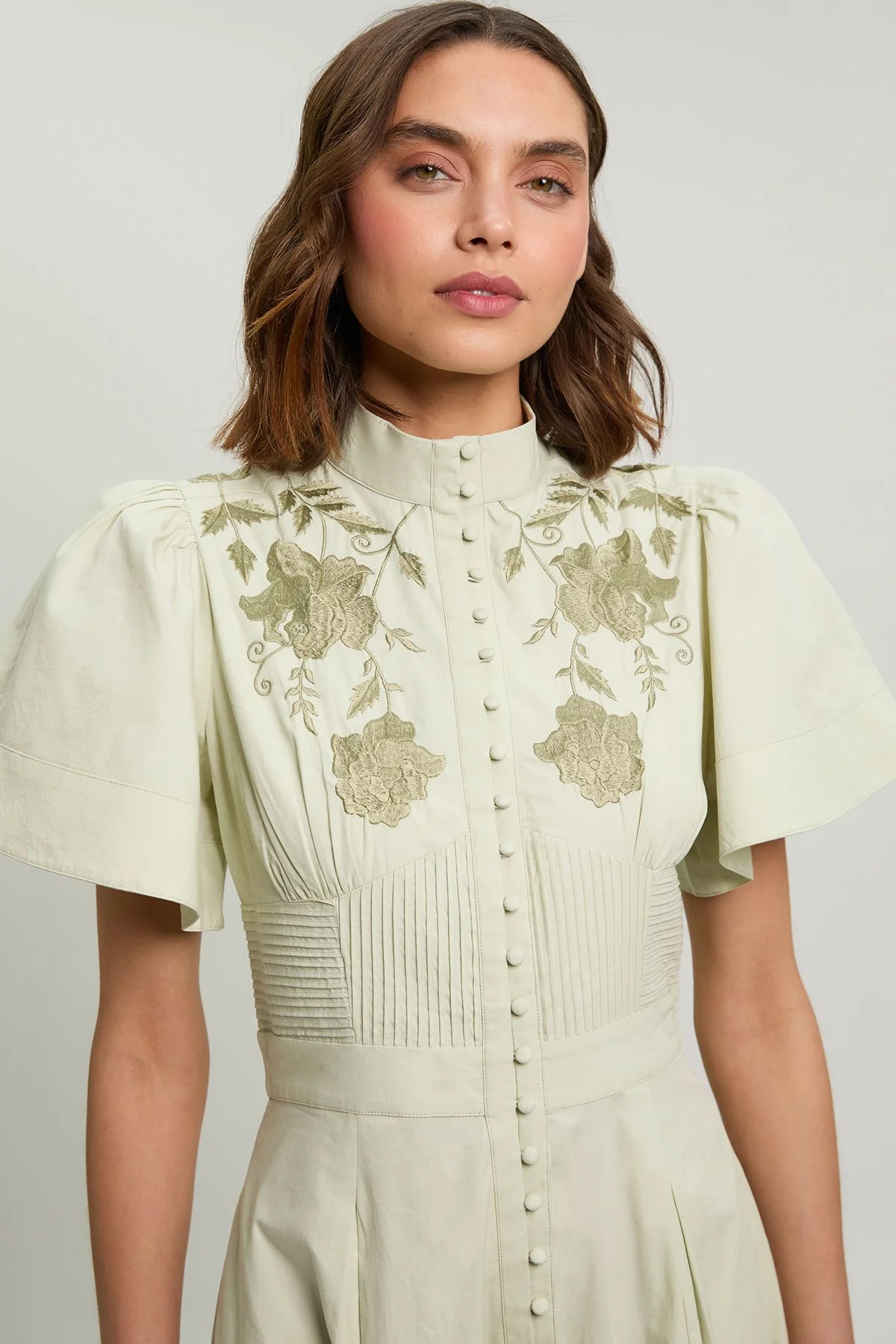 Embroidered Detail Pintuck Waist Shirt Dress - 1
