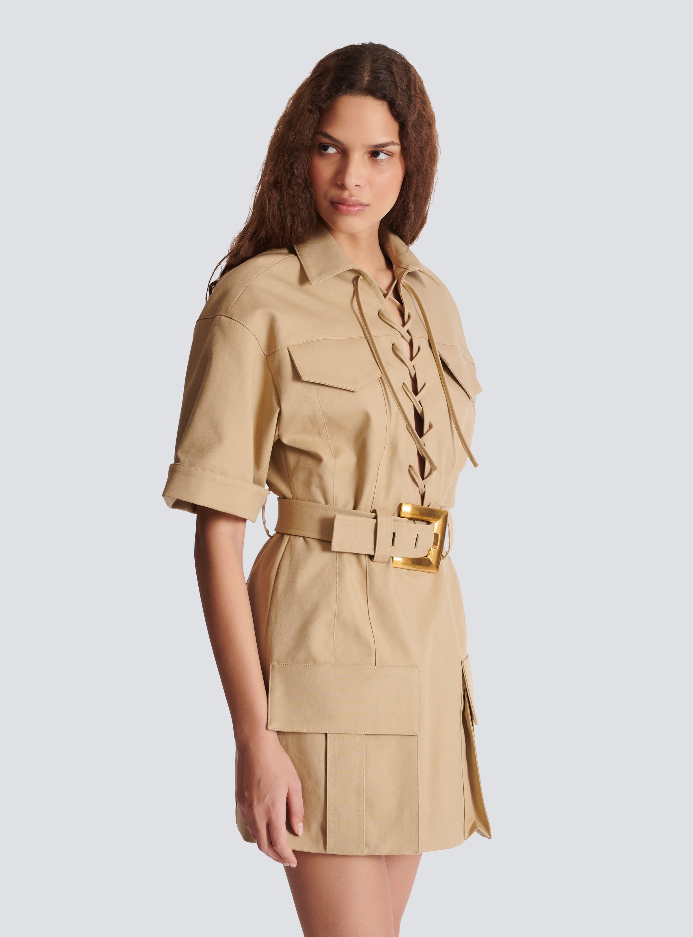 Short cotton gabardine lace-up dress - 6