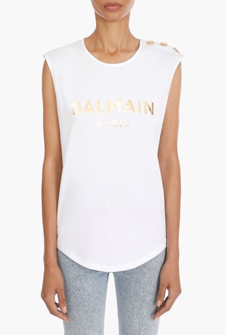 White eco-designed cotton T-shirt with gold Balmain logo print - 5