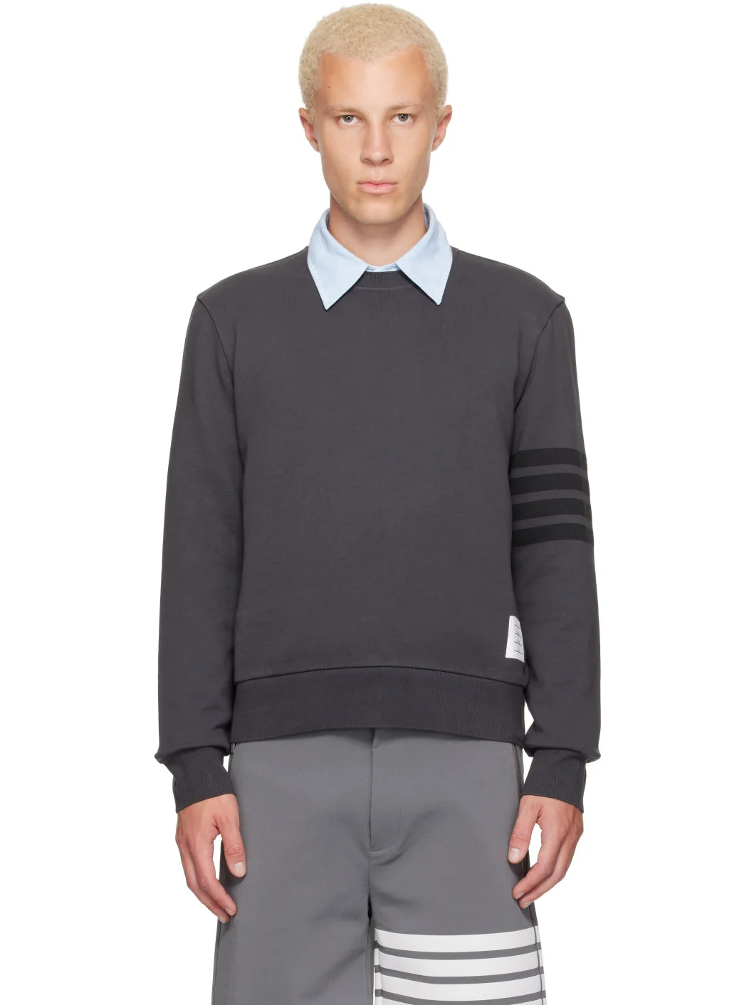 Gray Long Sleeve Tonal Printed 4 Bar Crewneck - 1
