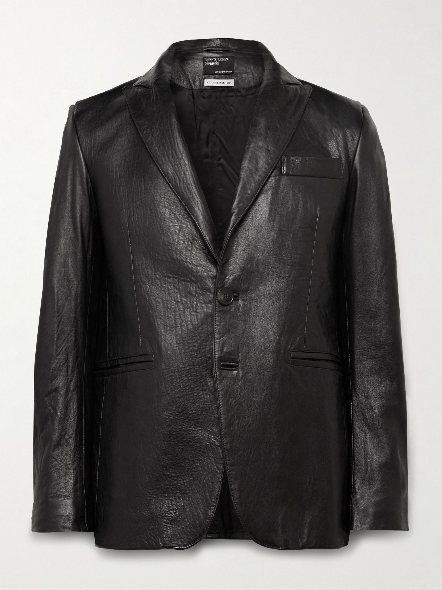 Slim-Fit Crinkled-Leather Blazer Black - 1