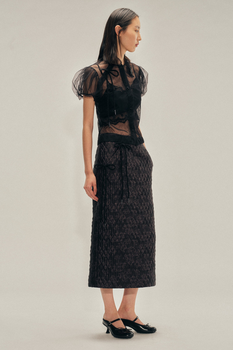 Embellished Sheer Offset Fragment Collar Puff Sleeve Shirt 3