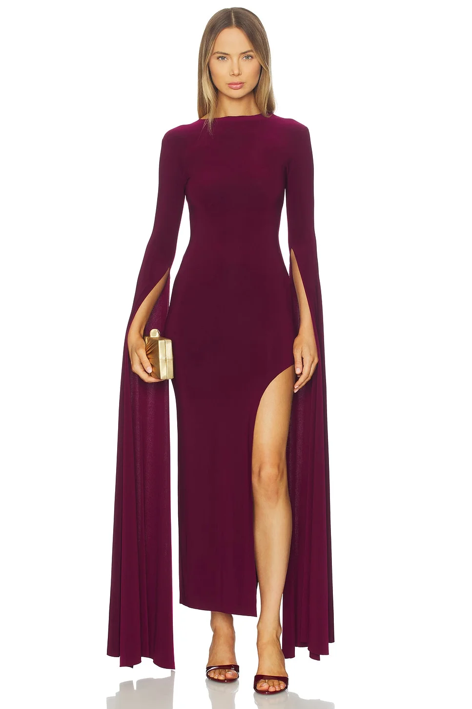 Open Back Ribbon Sleeve Wide Slit Gown - 1