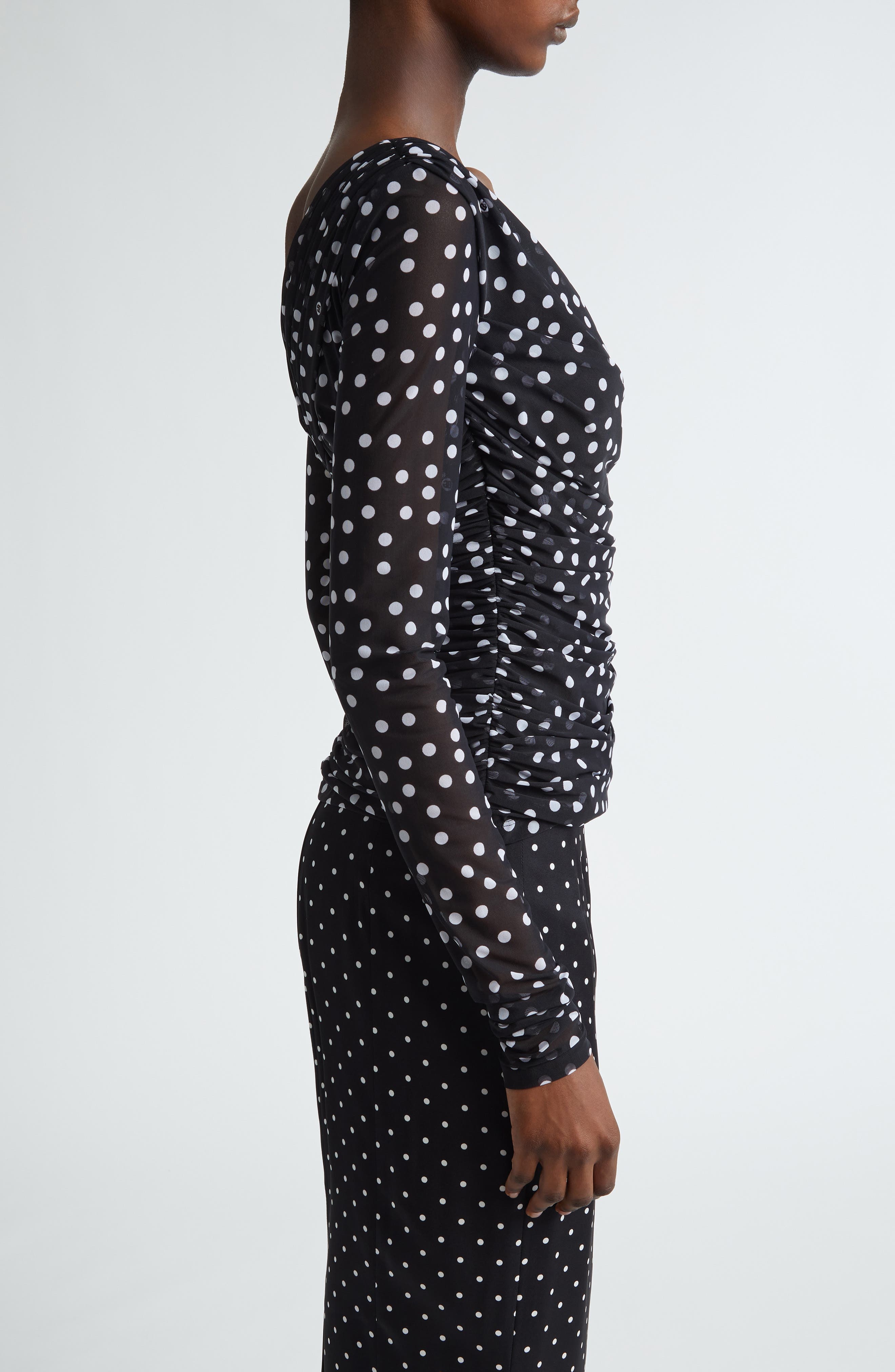 Dolce&Gabbana Polka Dot Ruched Tulle Top in Nero Dot Bianco at Nordstrom - 4