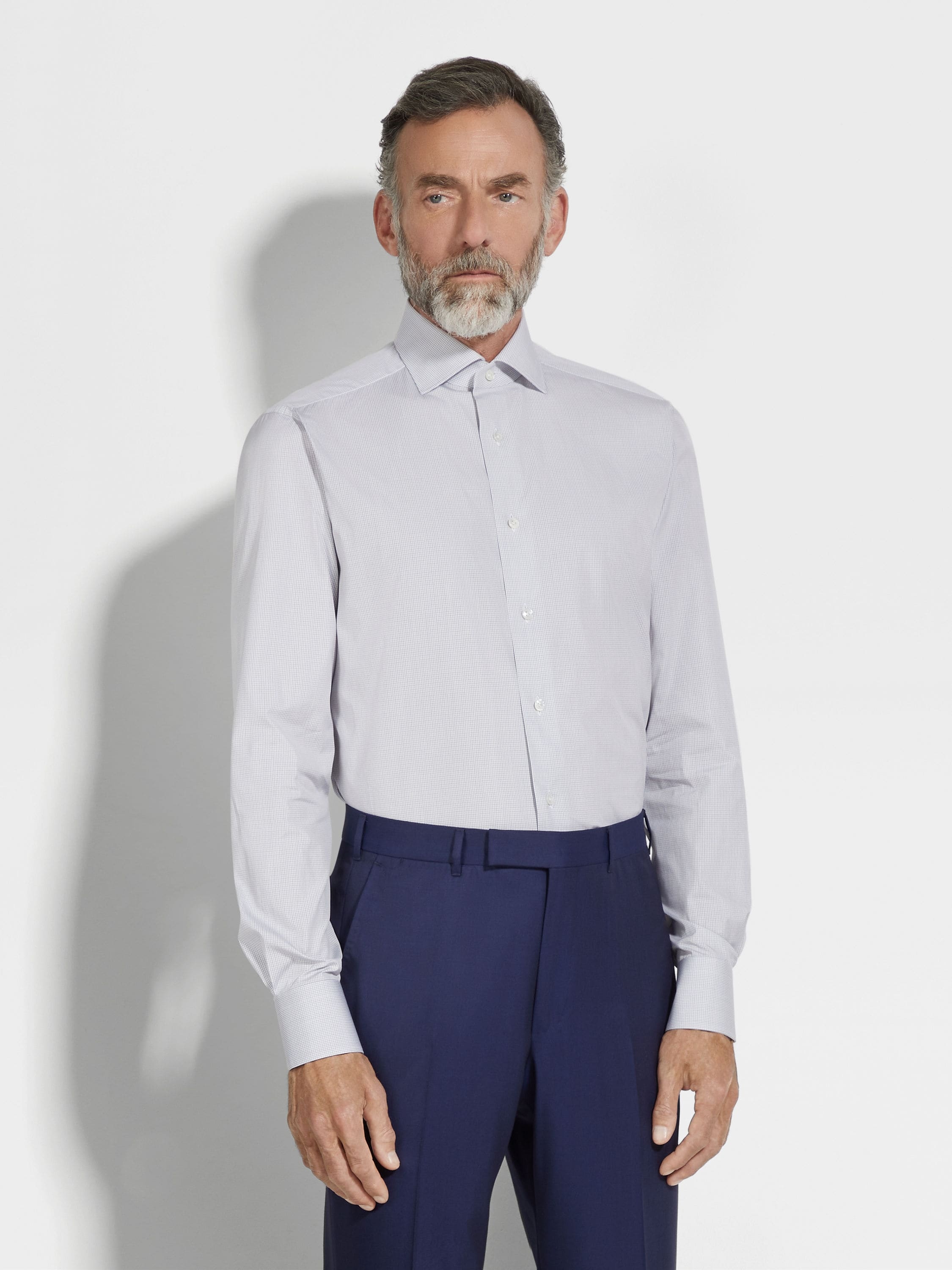 WHITE AND NAVY BLUE MICRO-CHECKED CENTOVENTIMILA COTTON SHIRT - 3