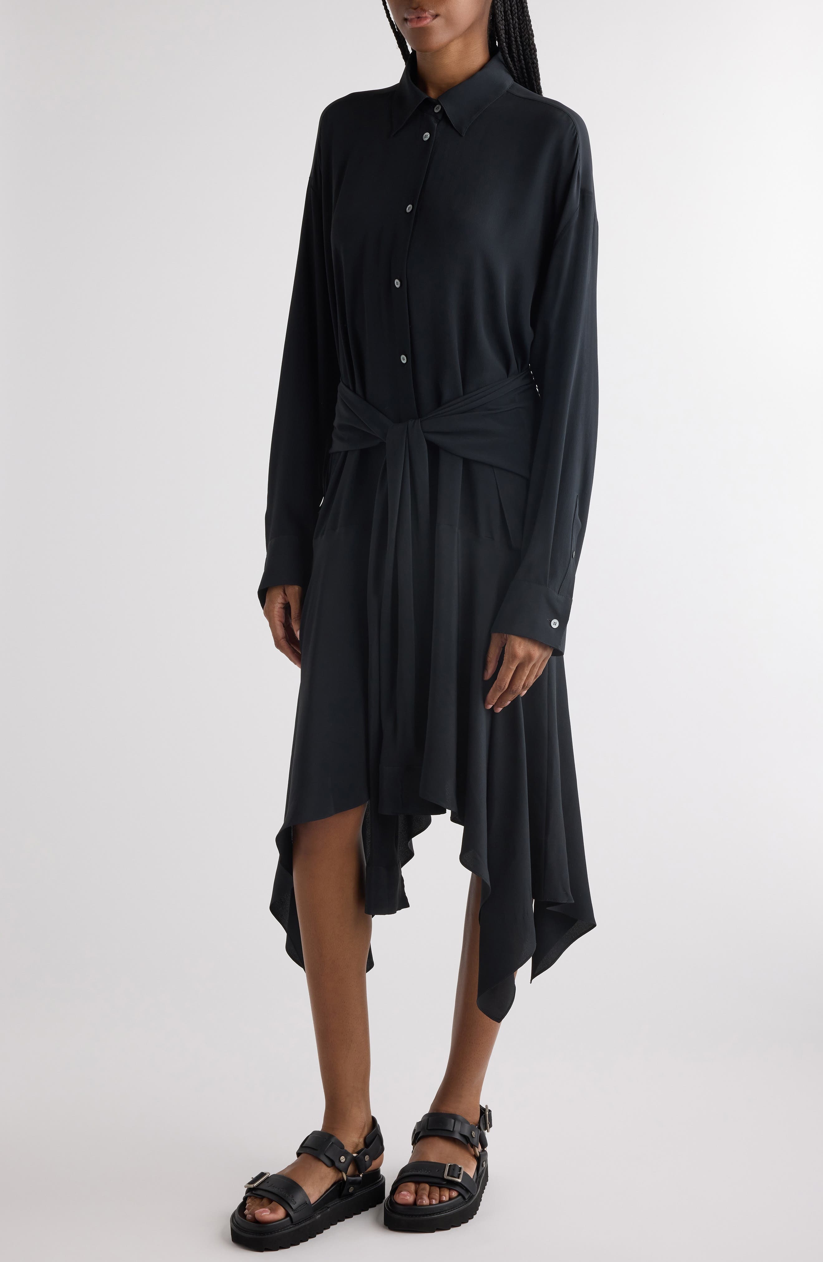 Acne Studios Delouse Long Sleeve Shirtdress with Removable Scarf in Black at Nordstrom - 4