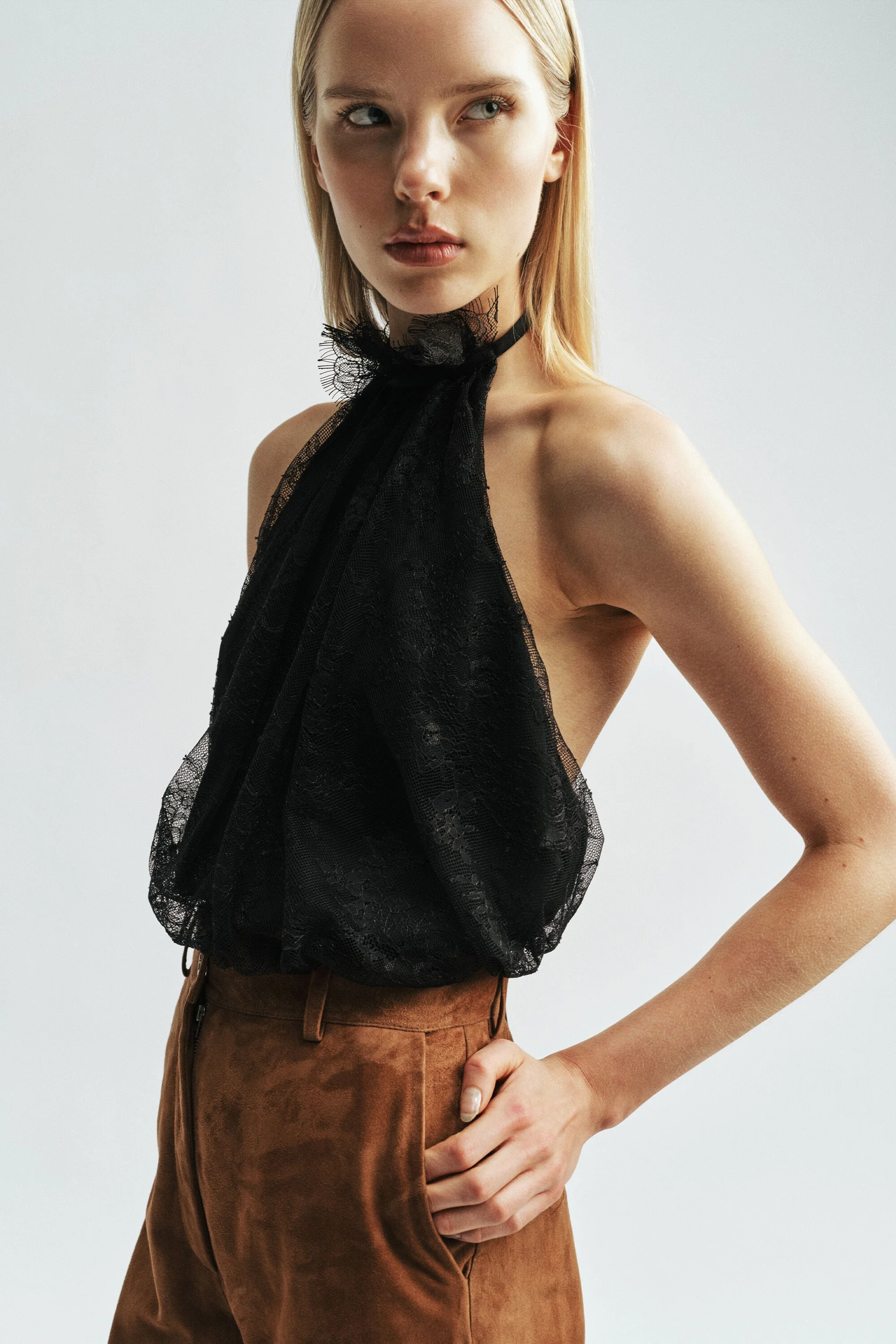 Emina Lace Halter Neck Top In Black - 1