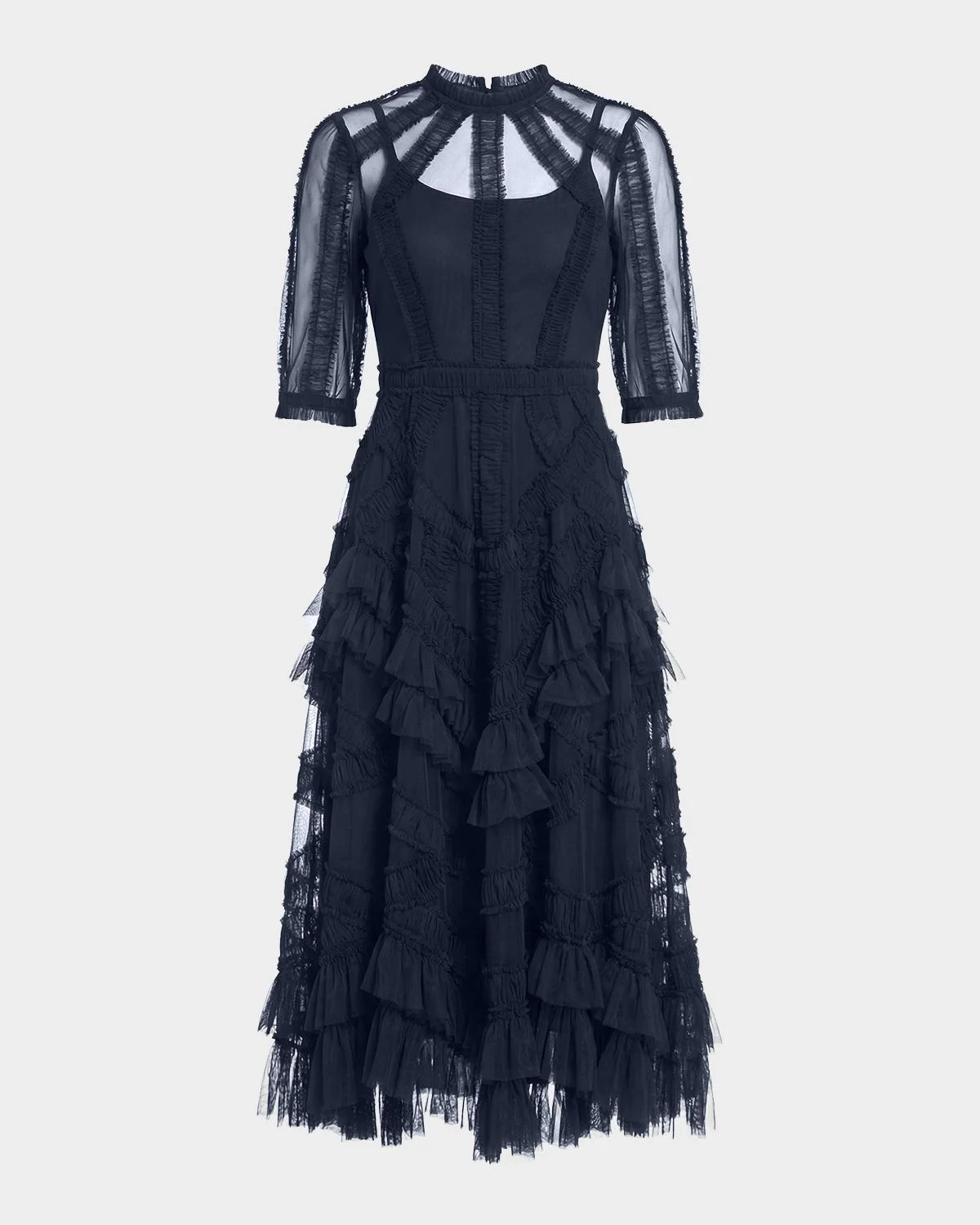 High-Neck Ruffled A-Line Midi Dress - 1