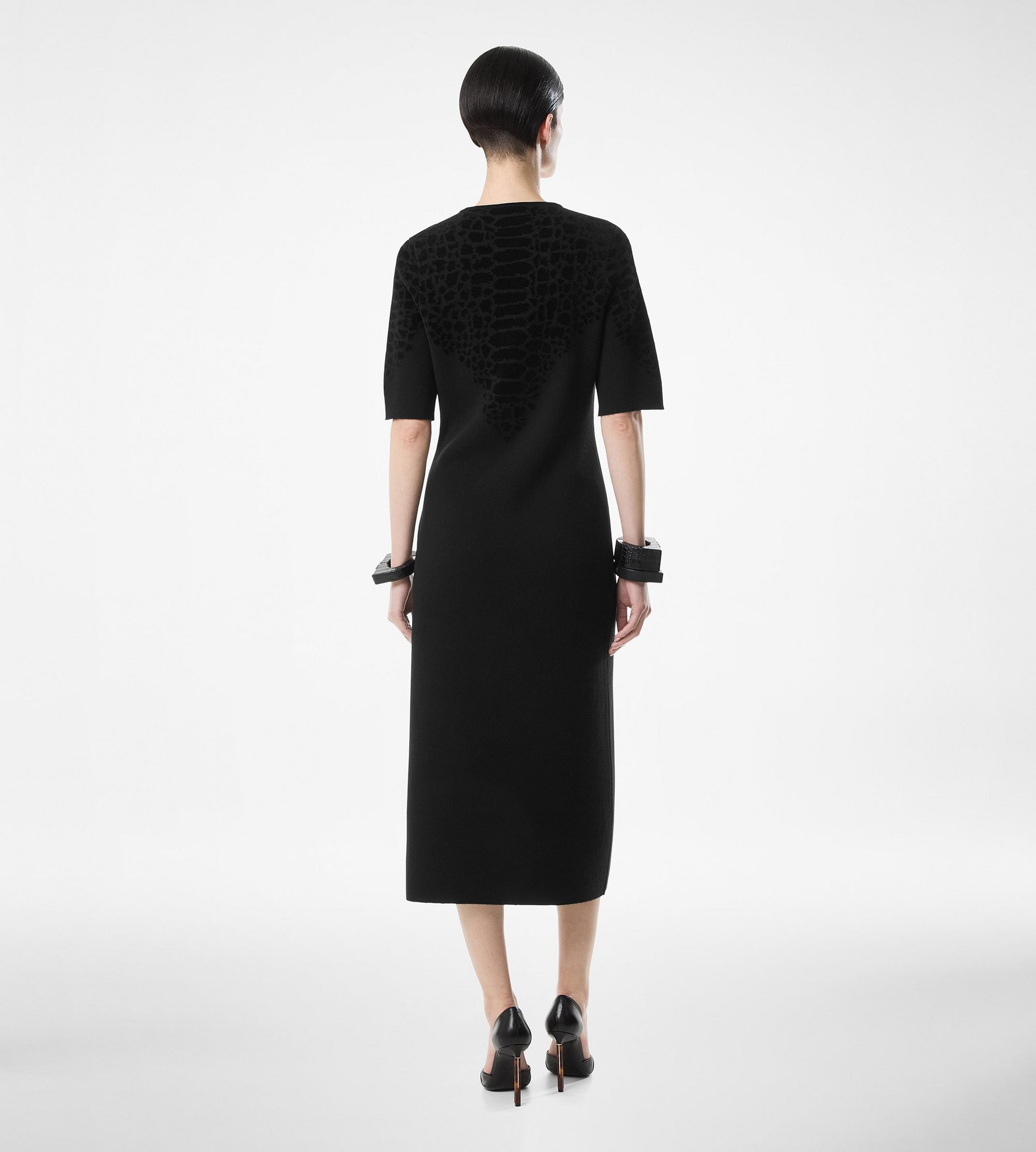 SILK CHENILLE EMBOSSED PYTHON CREWNECK DRESS - 5