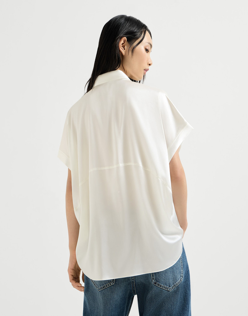 Stretch silk satin short sleeve shirt with monili 3