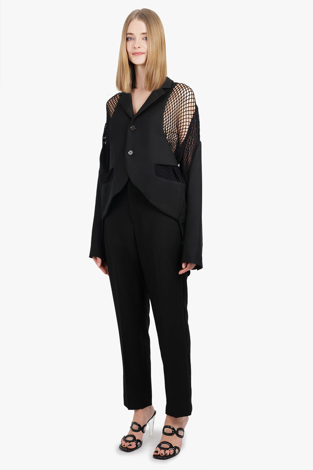 MESH PANEL SINGLE BREASTED WOOL BLAZER | BLACK - 4