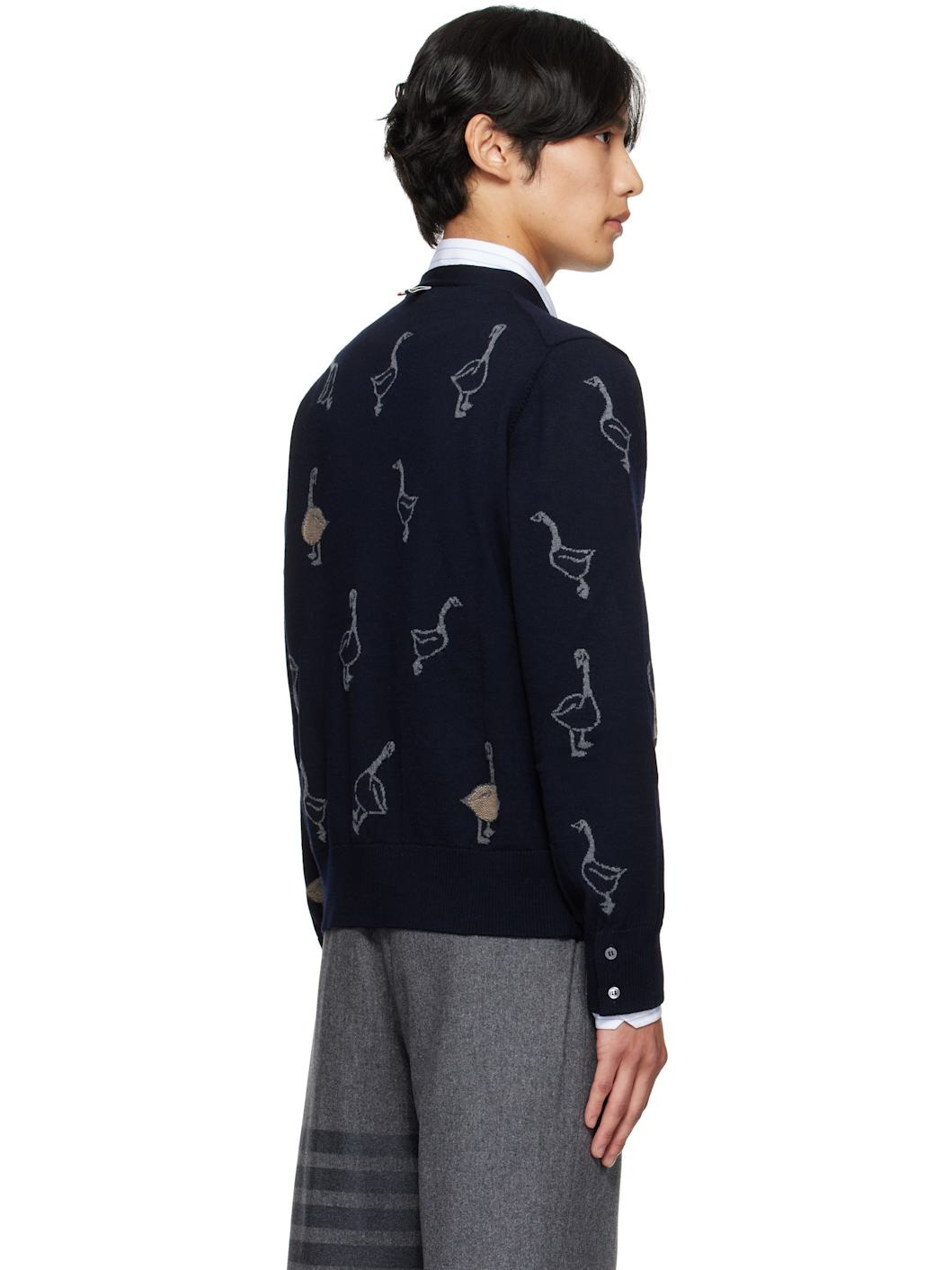 Navy Geese Intarsia Merino Relaxed Fit Cardigan - 3