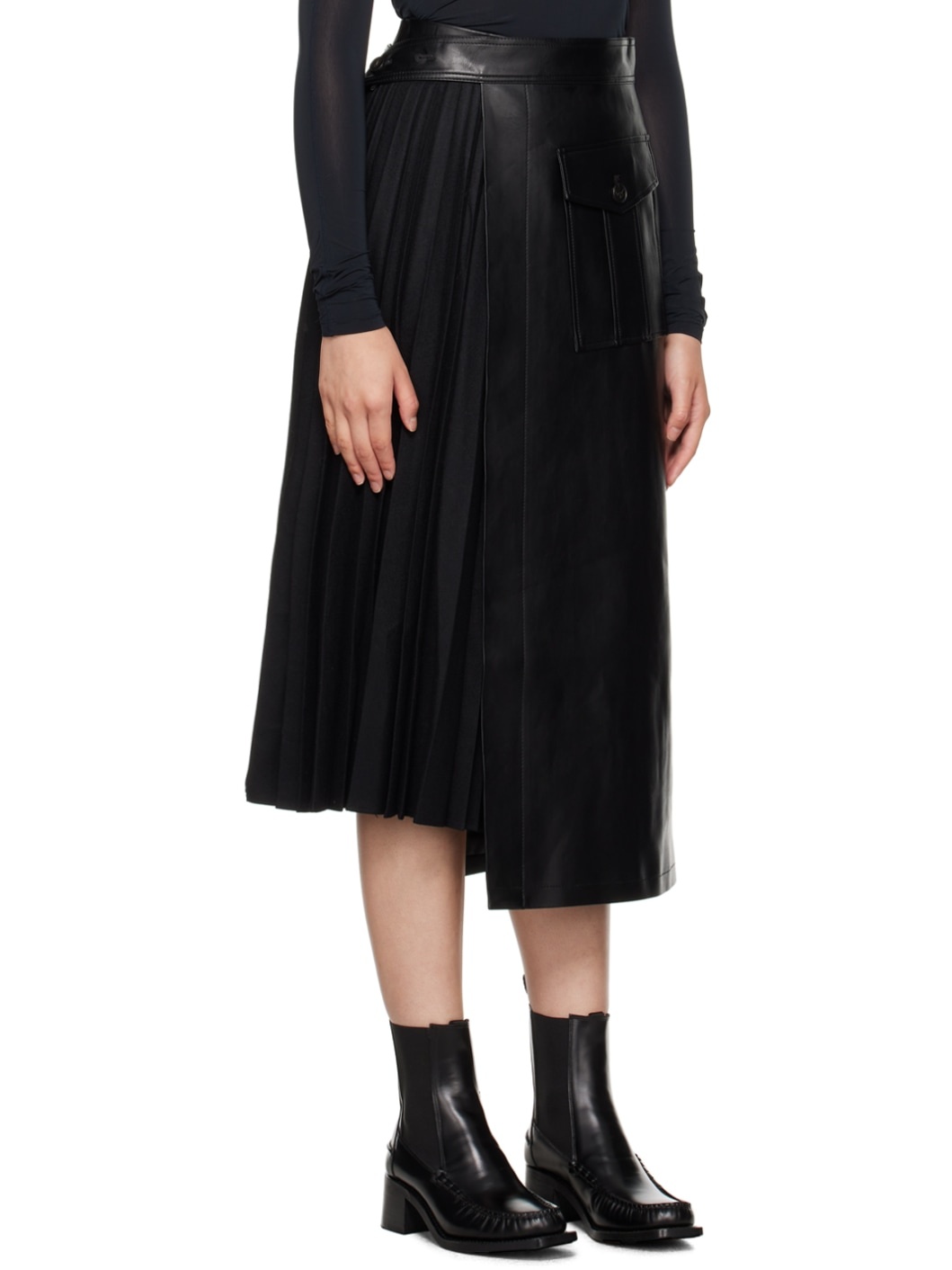 Black Pleated Faux-Leather Midi Skirt - 2