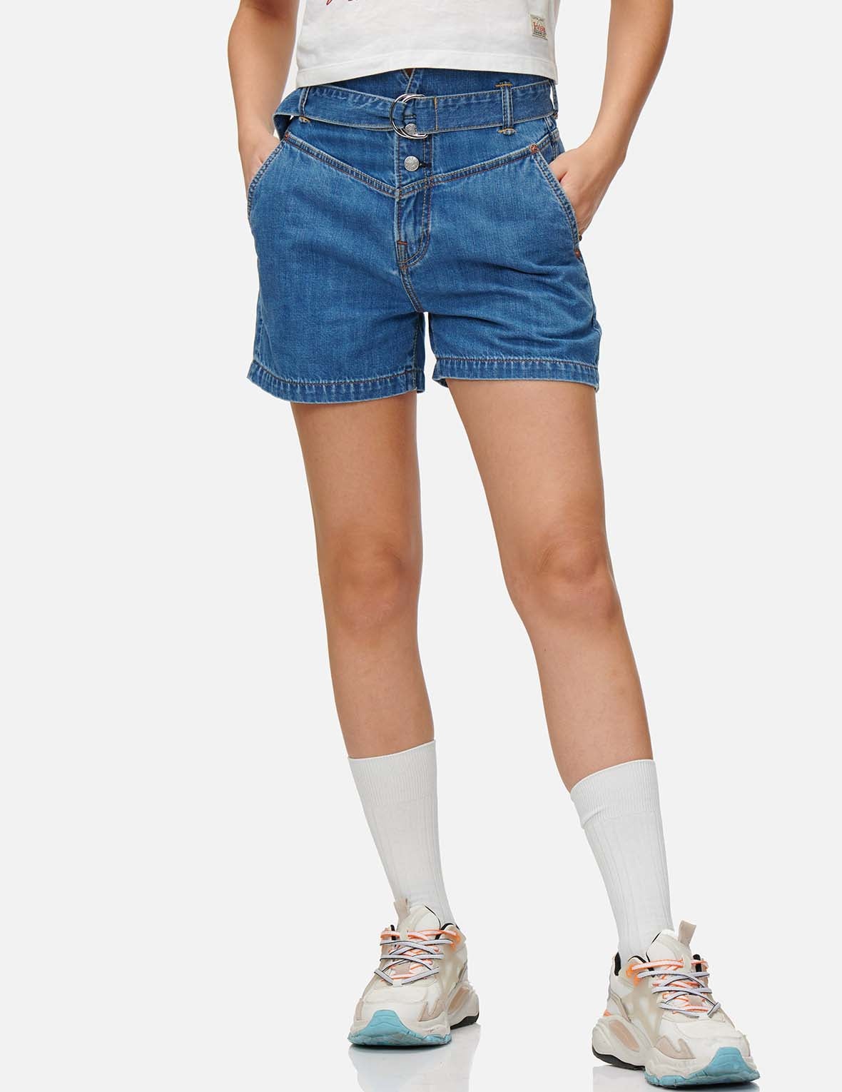 Pattern Seagull Embroidered Paper Bag Denim Shorts - 4