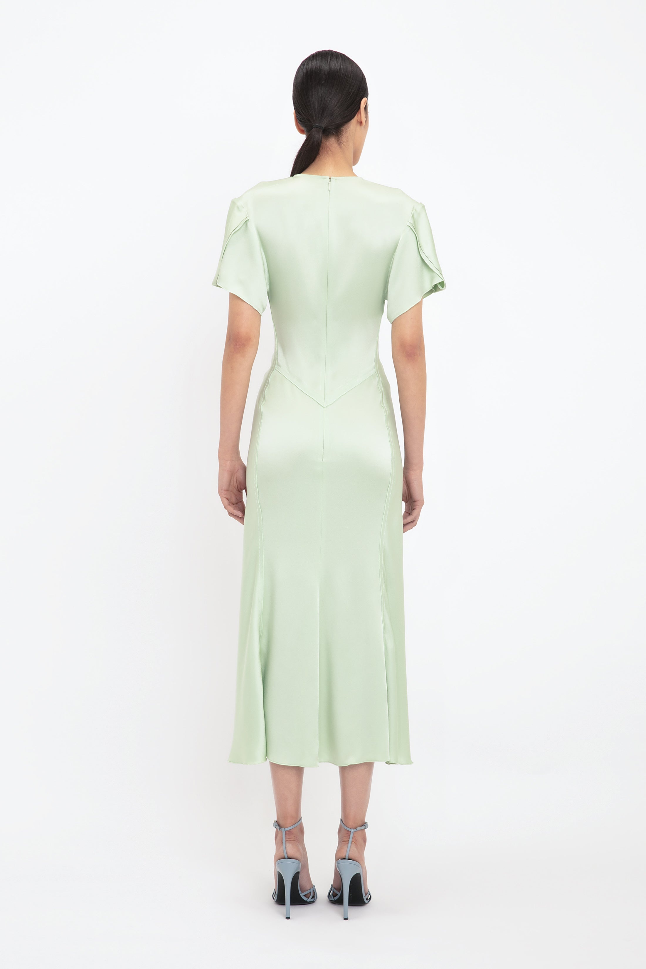 Gathered V-Neck Midi Dress In Jade - 4