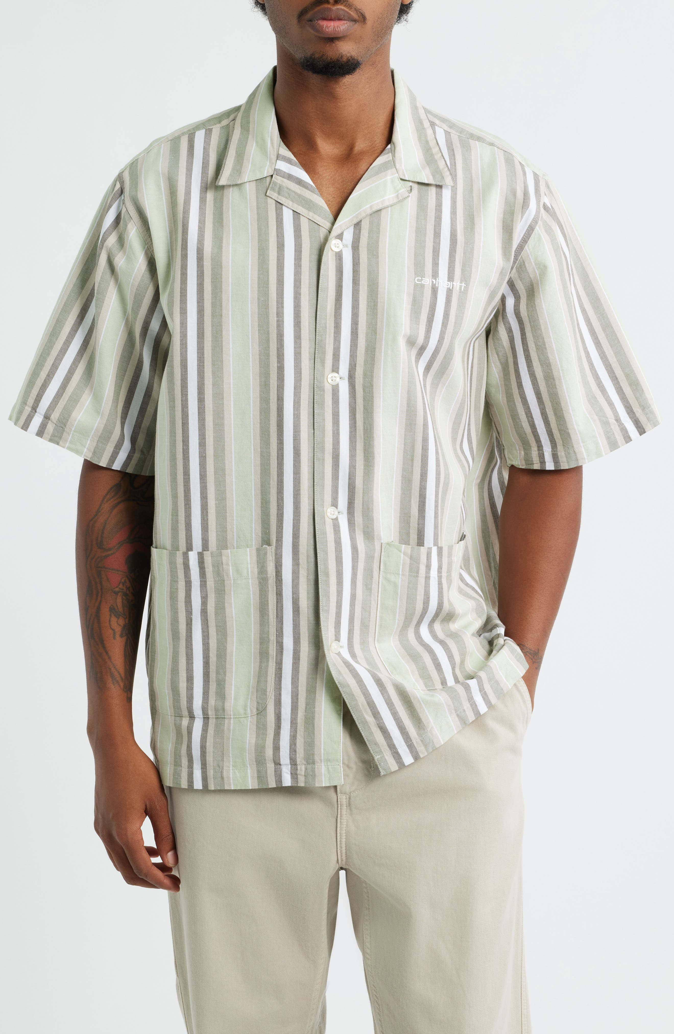 Carhartt Work In Progress Folsey Stripe Cotton & Linen Camp Shirt in Folsey Pale Olive /White at Nor - 1