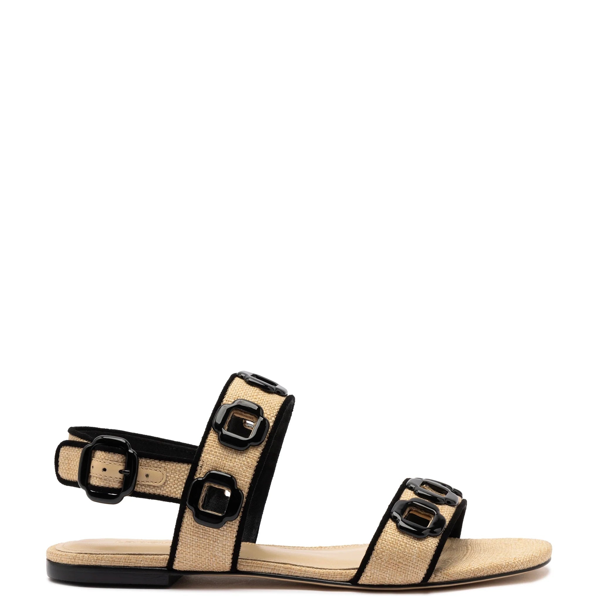 Larroude - Larroude Milan Flat Sandal In Beige Raffia Black-Trim - 1