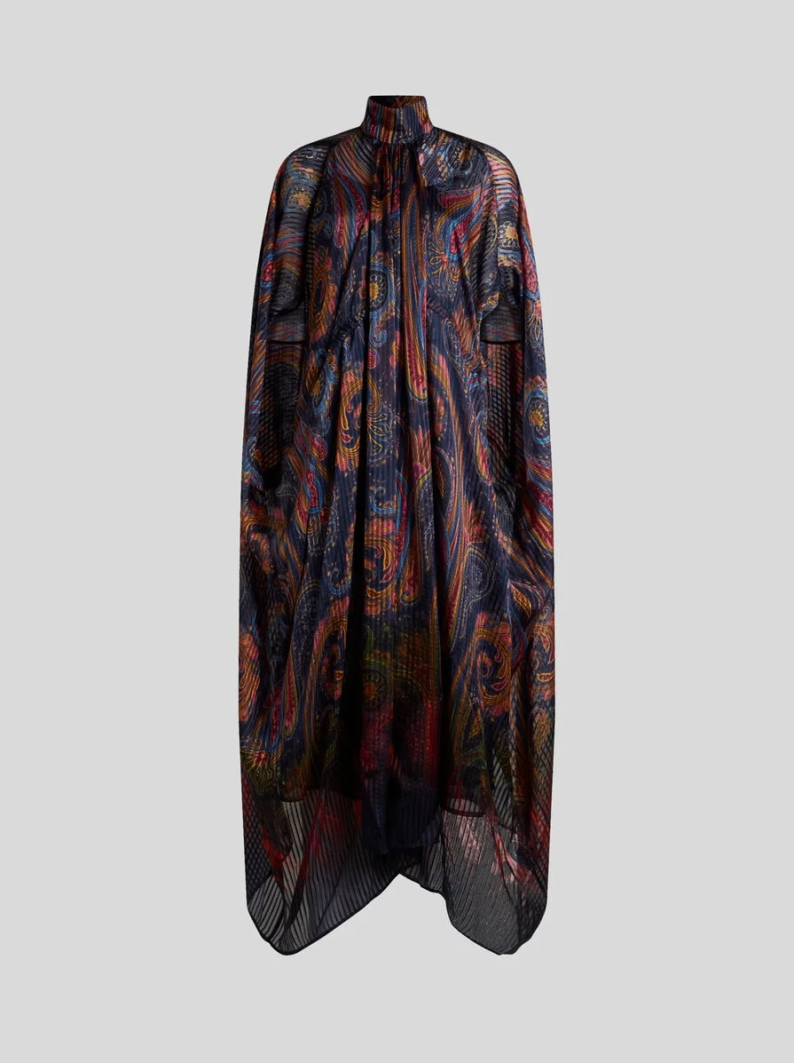 LONG SILK DRESS WITH CAPE AND DEGRADÉ PAISLEY MOTIF - 1