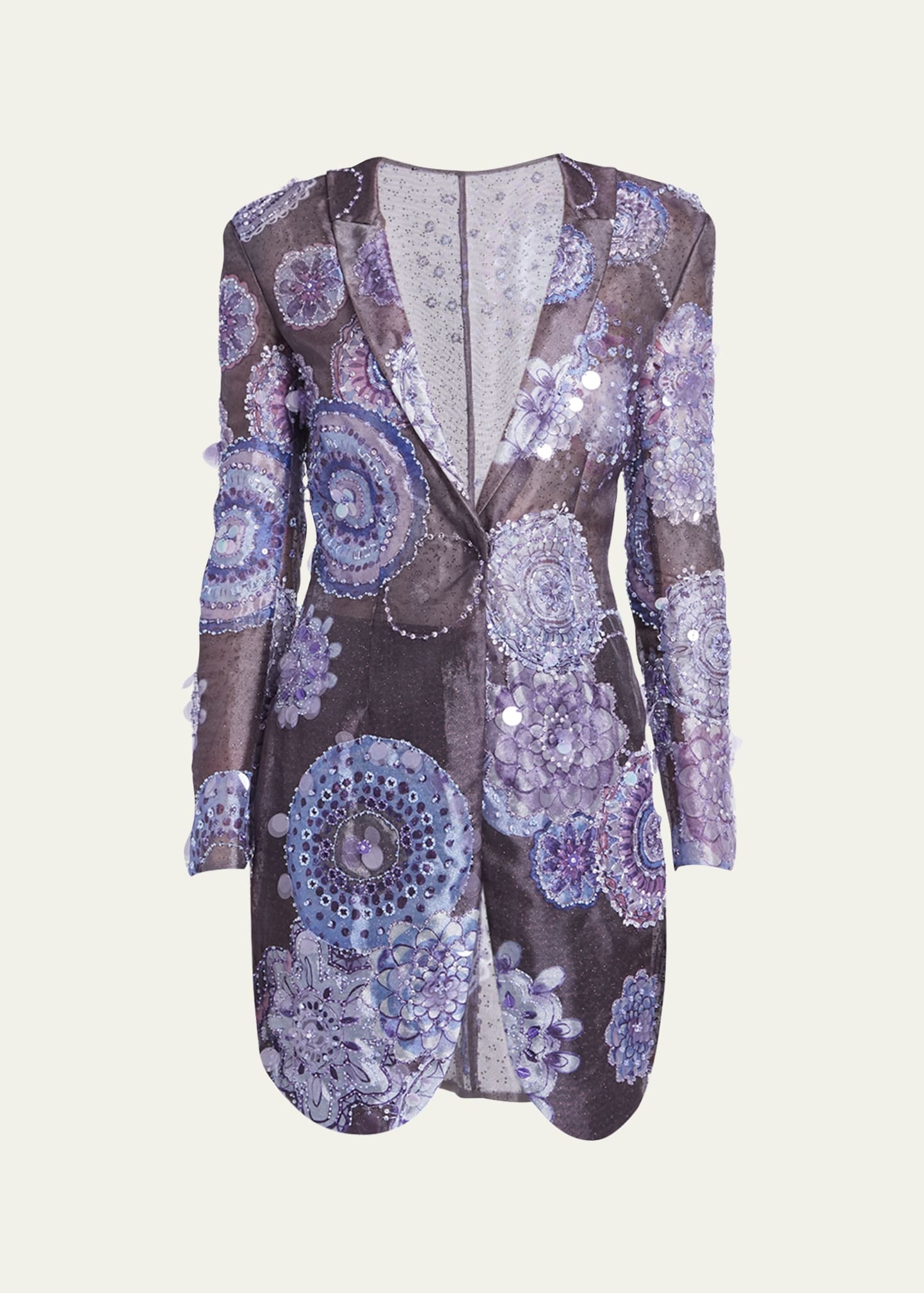 Sheer Printed Blazer Jacket with Beaded Details - 1