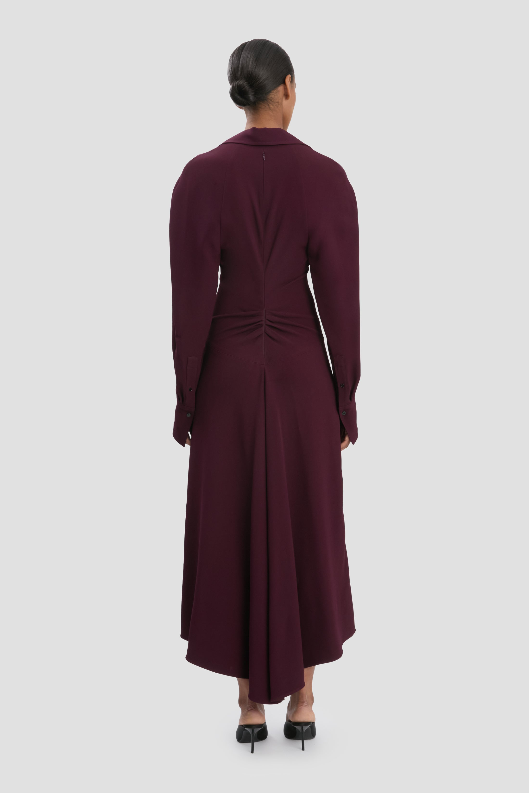 Long Sleeve Polo Collar Midi Dress In Merlot - 4
