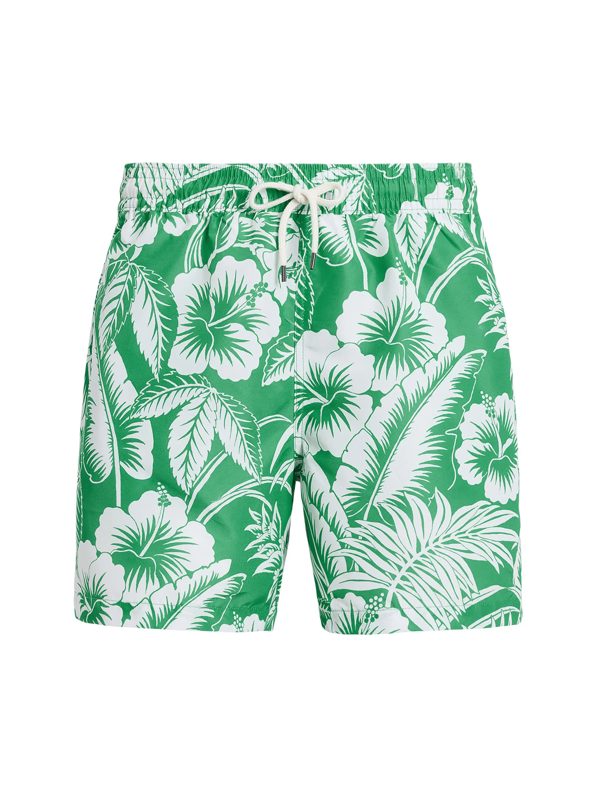 Men's Hibiscus Print Swim Trunks - Green Sweet Heart Floral - 1