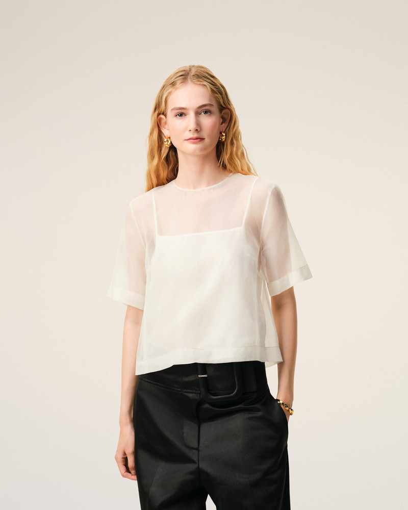 WHITE SILK SHORT SLEEVES SHEER WITH UNDERTOP TOP 3