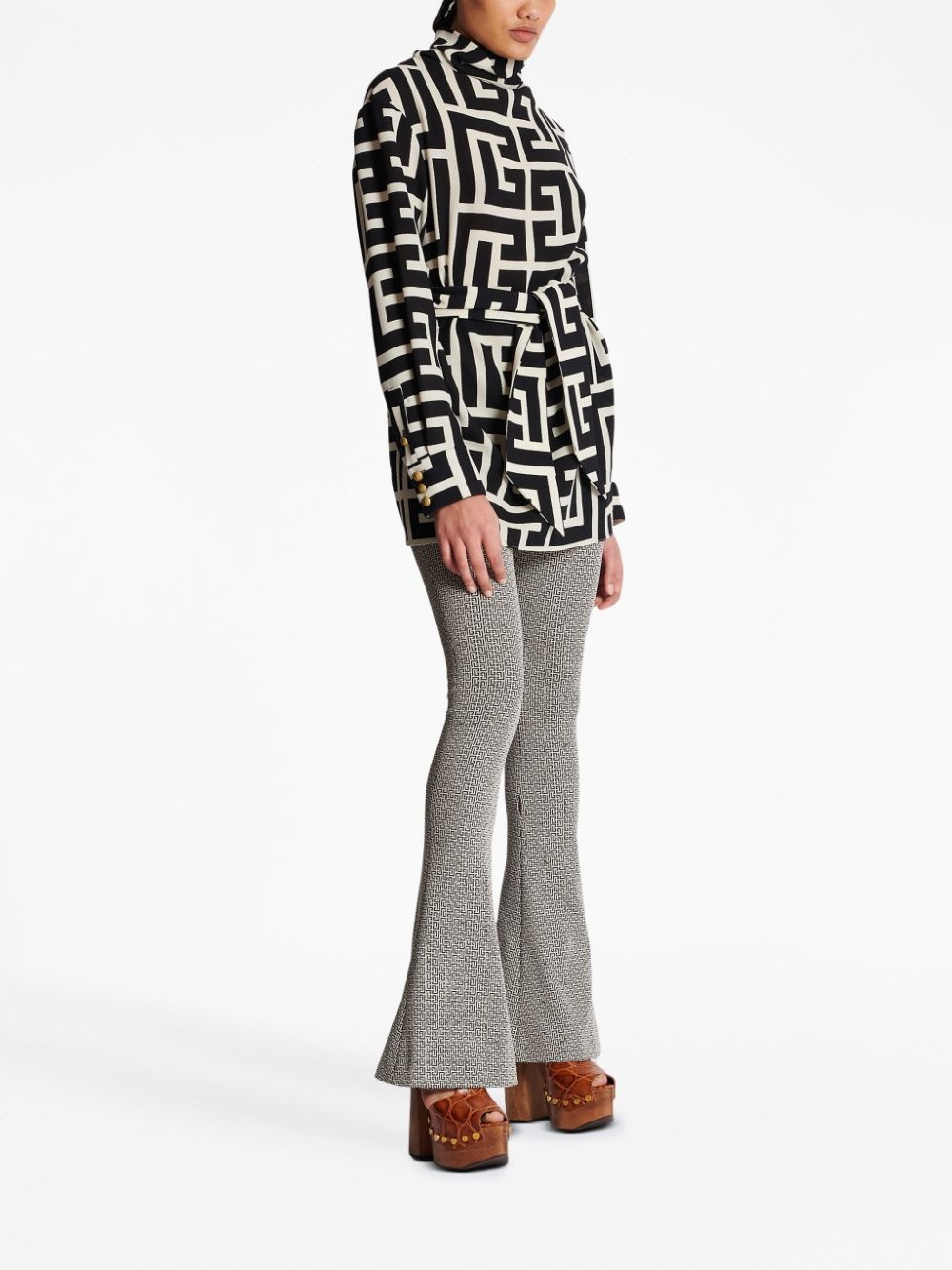 monogram-pattern belted blouse - 3