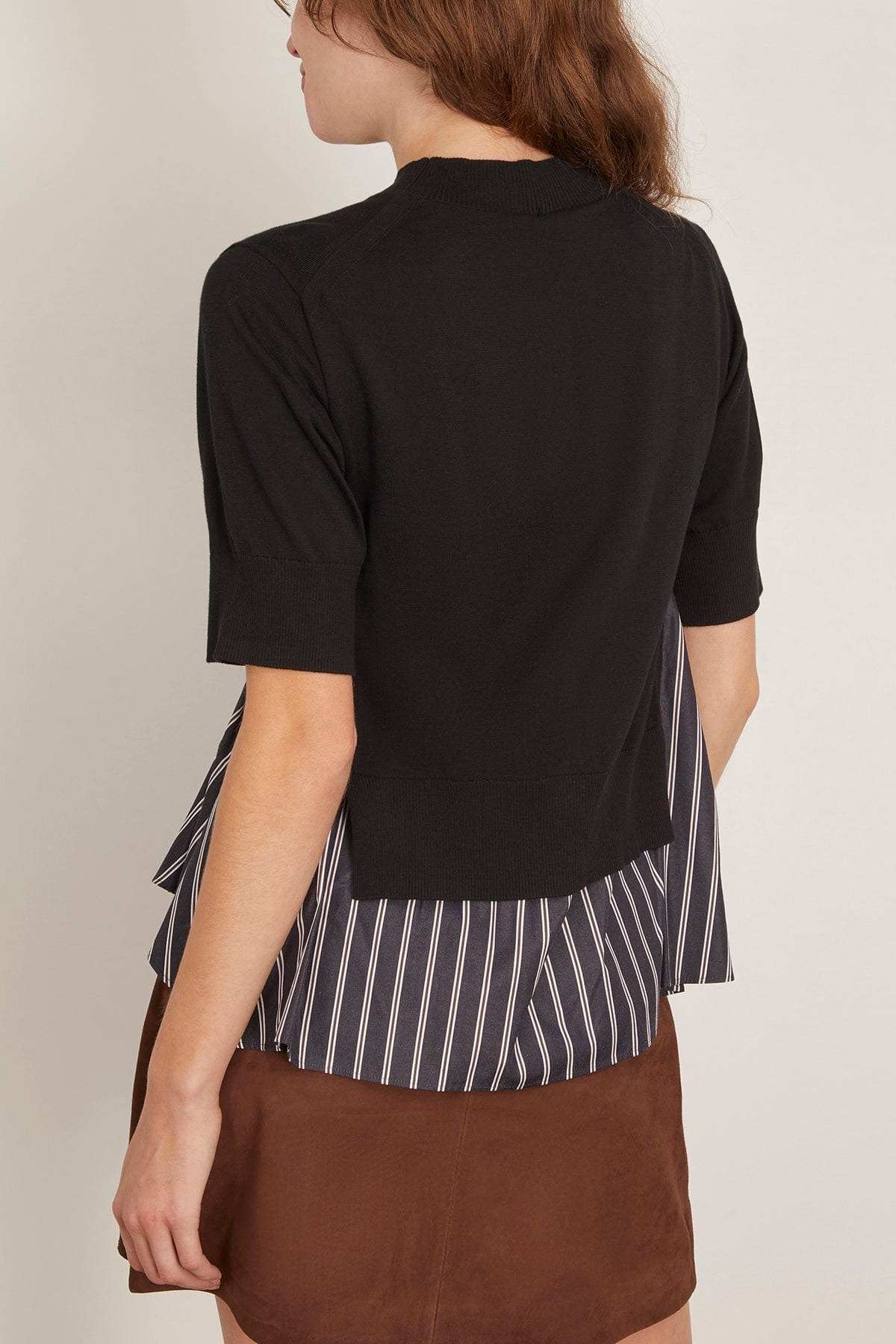 Poplin x Knit Pullover in Black/Dark Navy Stripe - 4