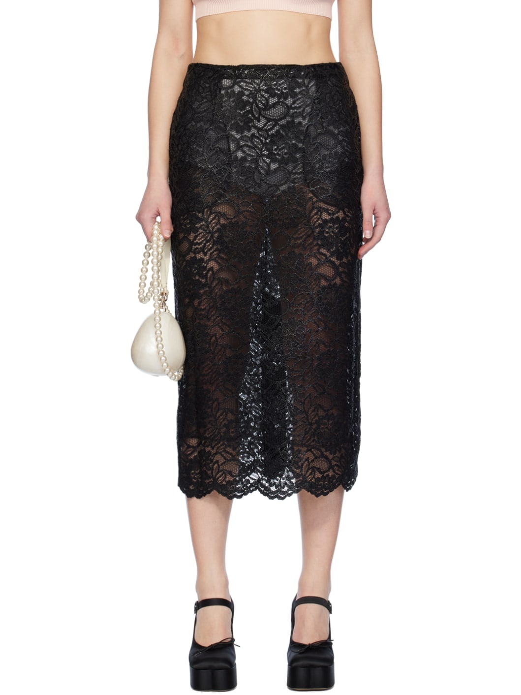 Black Scalloped Midi Skirt - 1