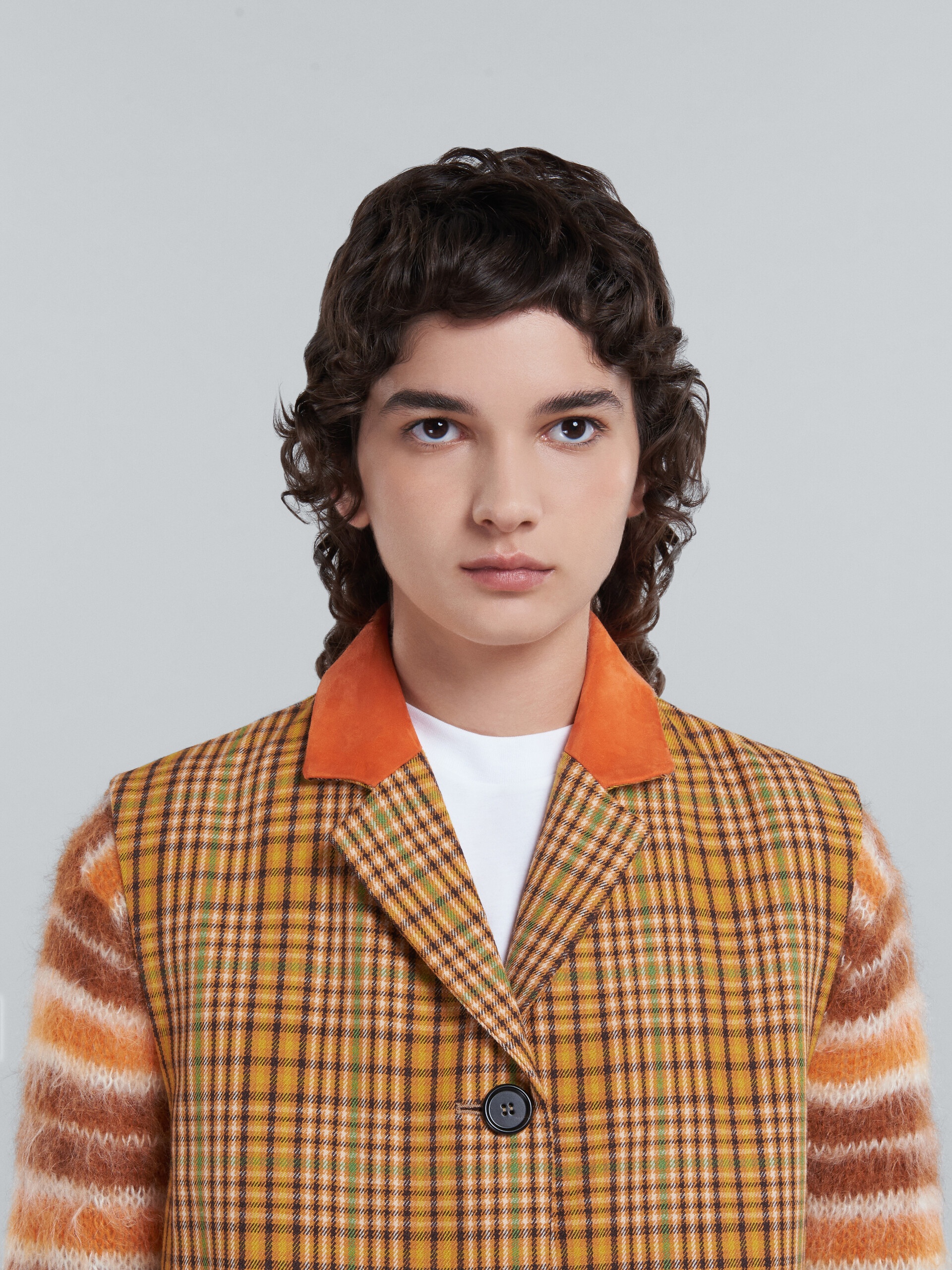 LONG WOOL VEST WITH ORANGE CHECKS - 4