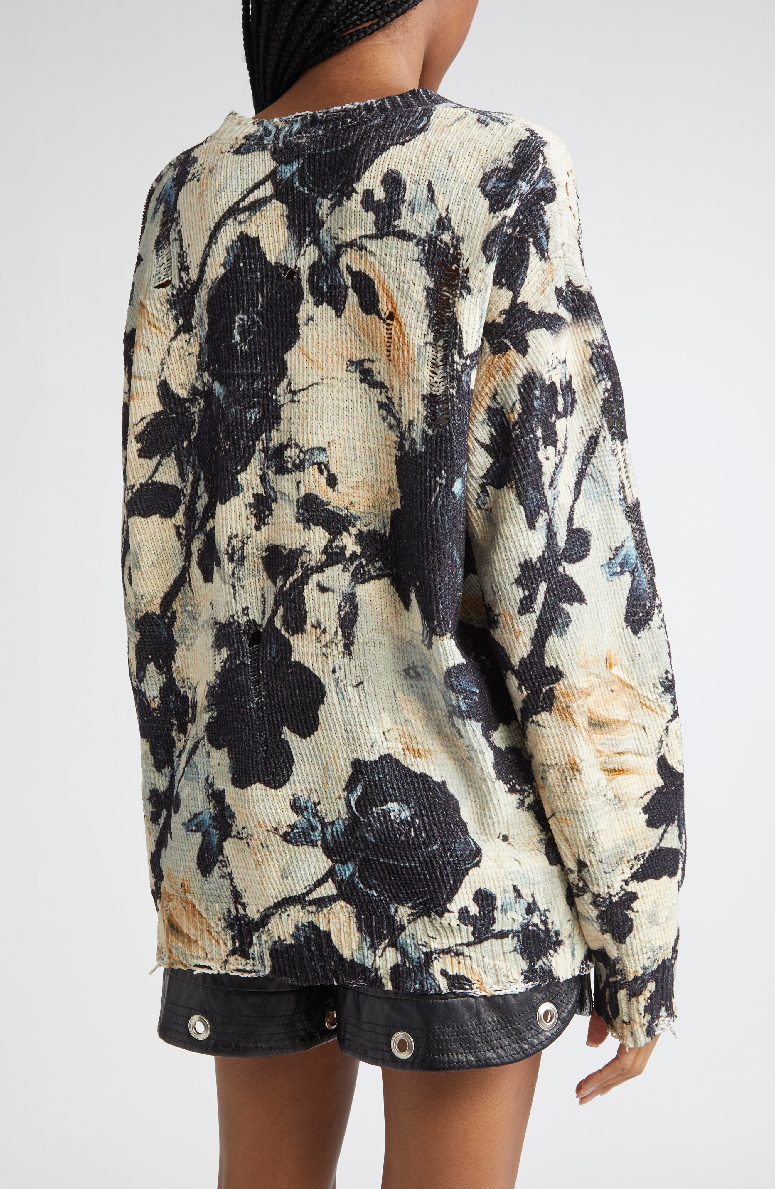 R13 Distressed Floral Cotton Sweater in Black And Cream Floral at Nordstrom - 2