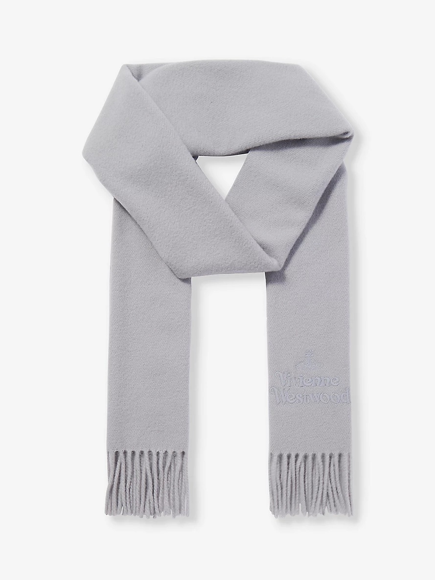 Brand-embroidered fringed-trim wool scarf - 1